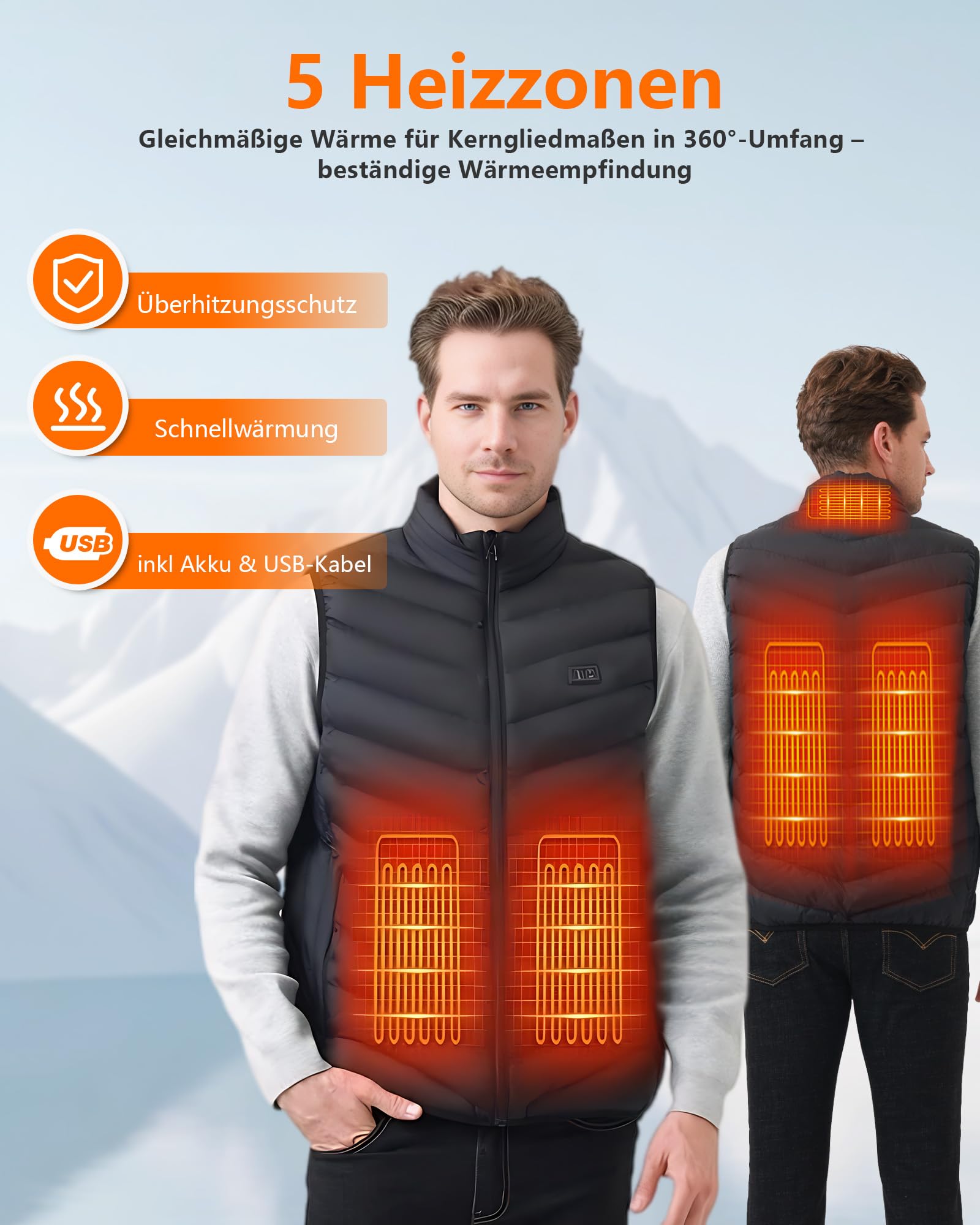Beheizbare Jacke Herren und Damen, Winter Elektrische Herren Beheizte Jacke USB Lade Heizmantel Mit 5V 10000 mAh Akku, Warme Heizjacke für Outdoor Motorrad Wandern Skifahren Camping