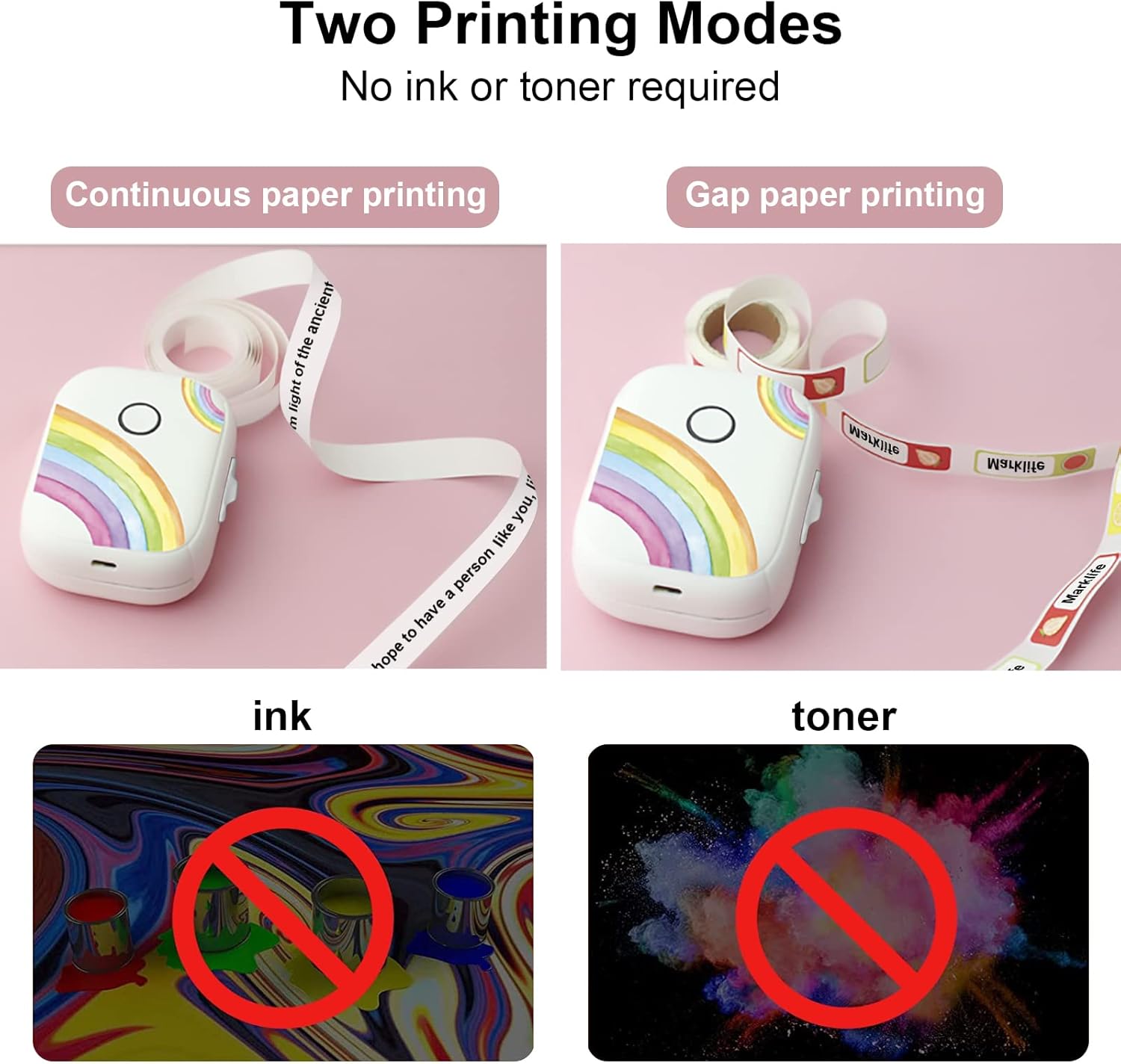 Comparison of continuous paper printing and gap paper printing modes, emphasizing that no ink or toner is required.