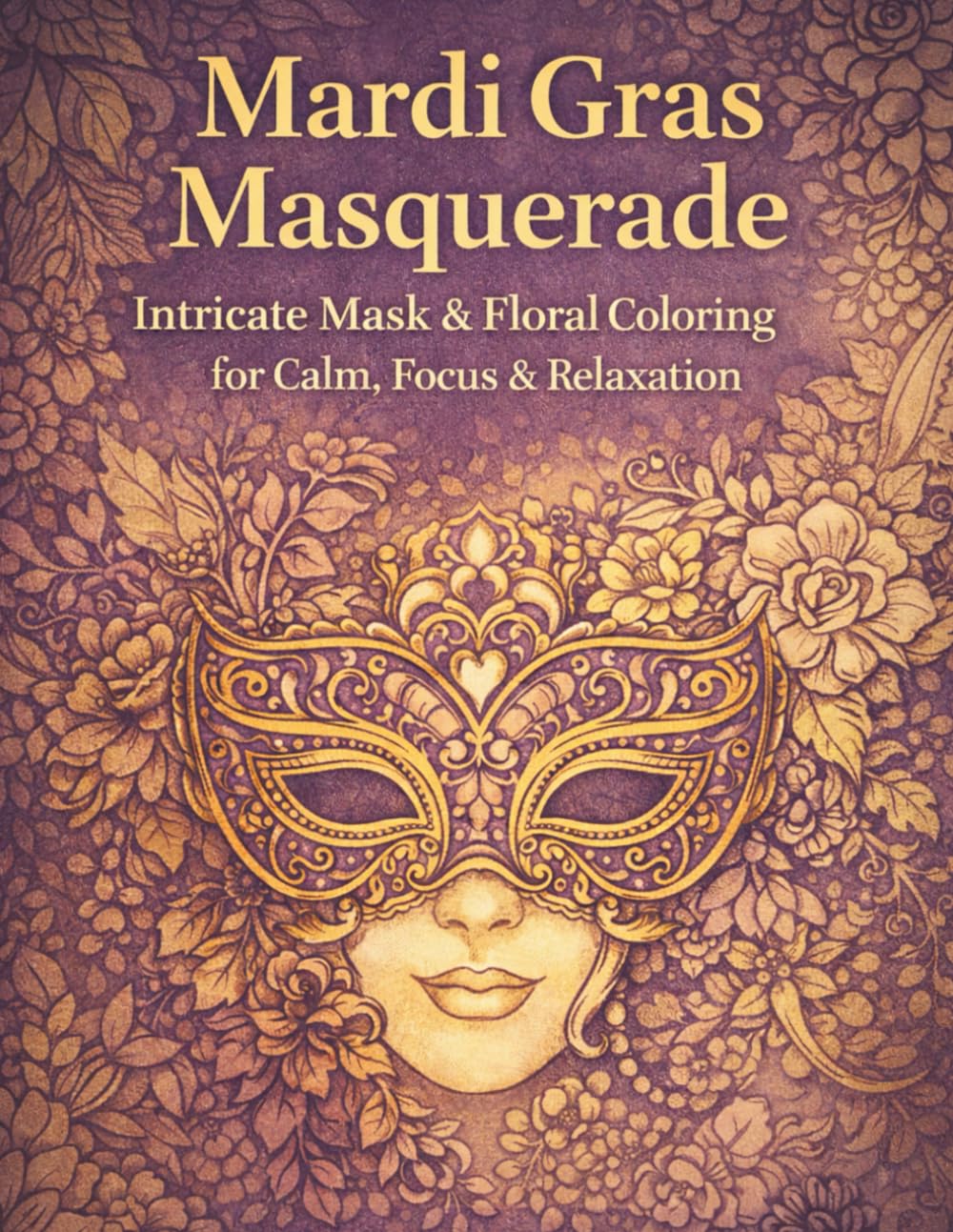 Mardi Gras Masquerade: Intricate Mask& Floral Coloring for Calm, Focus & Relaxation