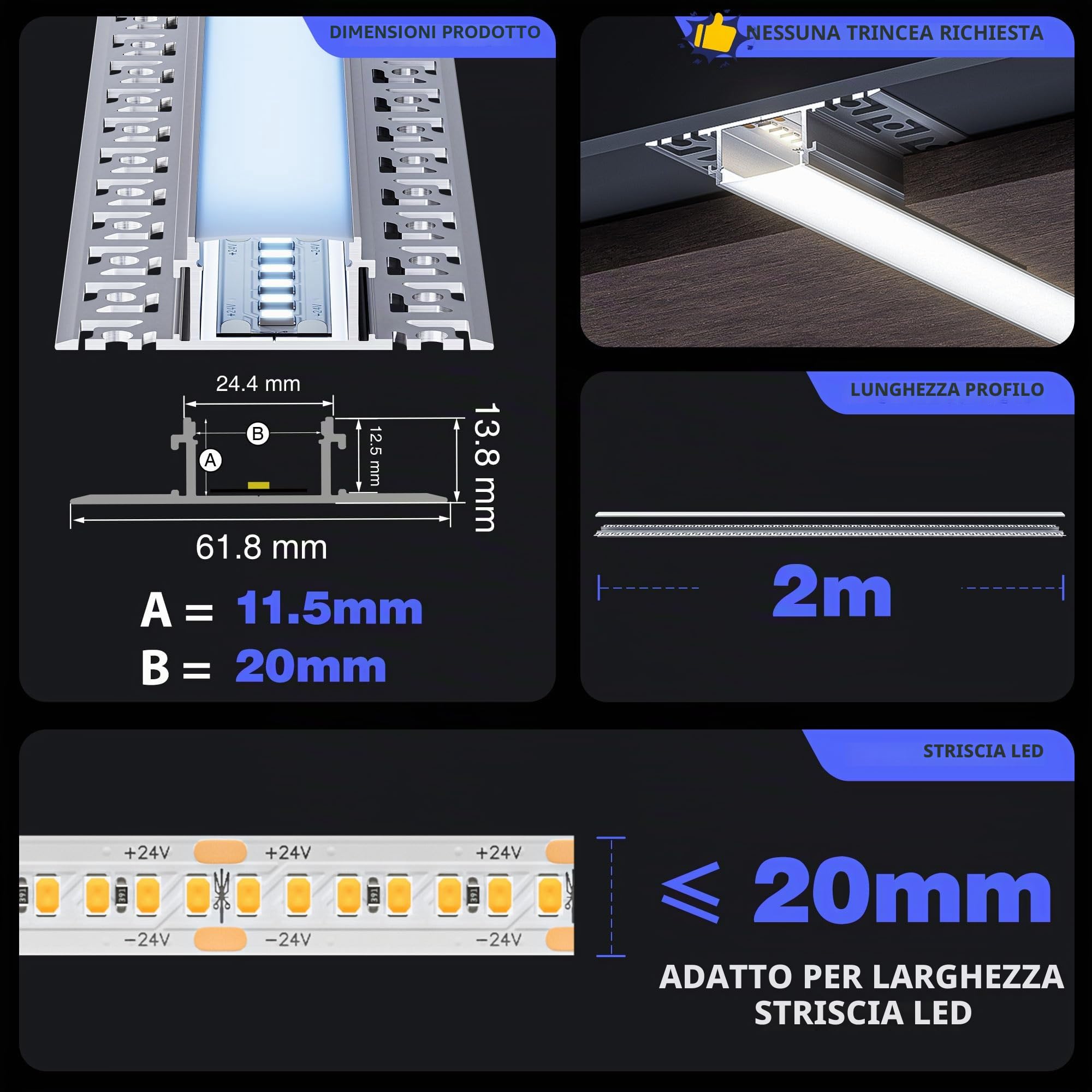 Profilo in alluminio a 18 LED, 2 m, guida per diffusore di luce, profilo LED per cartongesso, dimensioni 24,4 mm (lamelle 61,8 mm) x 12,8 mm, supporta la larghezza massima della striscia 20 mm