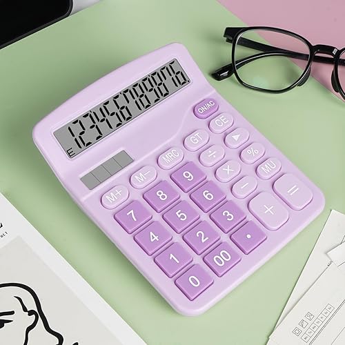 Miniatura 2 de Bonita calculadora de escritorio púrpura con botones grandes, fuente de alimentación doble, energía solar y batería, pantalla de visualización