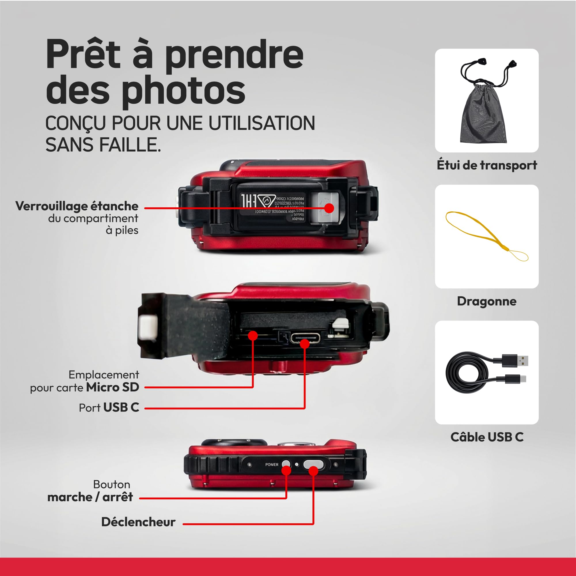 AGFAPHOTO Realishot WP6000 - Appareil Photo Numérique Étanche, 3m/10ft, 18 MP, Vidéo HD, Écran LCD 2.4", Zoom Digital 16x, Autofocus, Miroir Selfie, Batterie Lithium - Rouge
