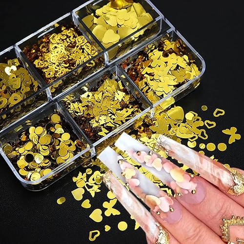 Miniatura 2 de 6 rejillas de lentejuelas con purpurina de corazón 3D para el día de San Valentín, calcomanías de arte de uñas de mariposa doradas, lentejuelas