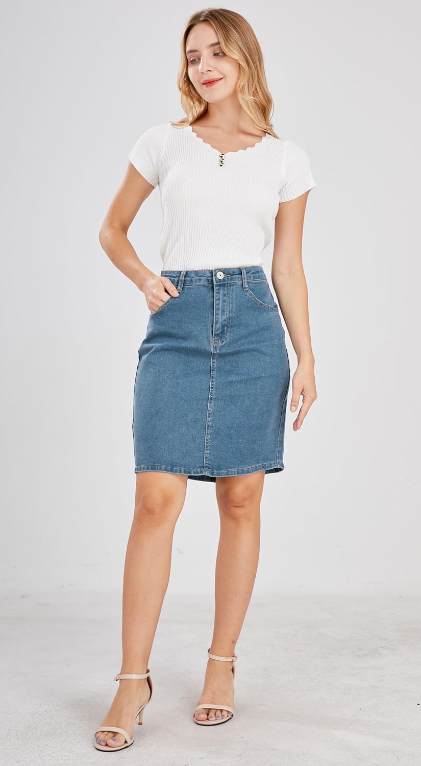 chouyatou Women's Basic Five-Pocket Rugged Wear Denim Pencil Skirt with Slit