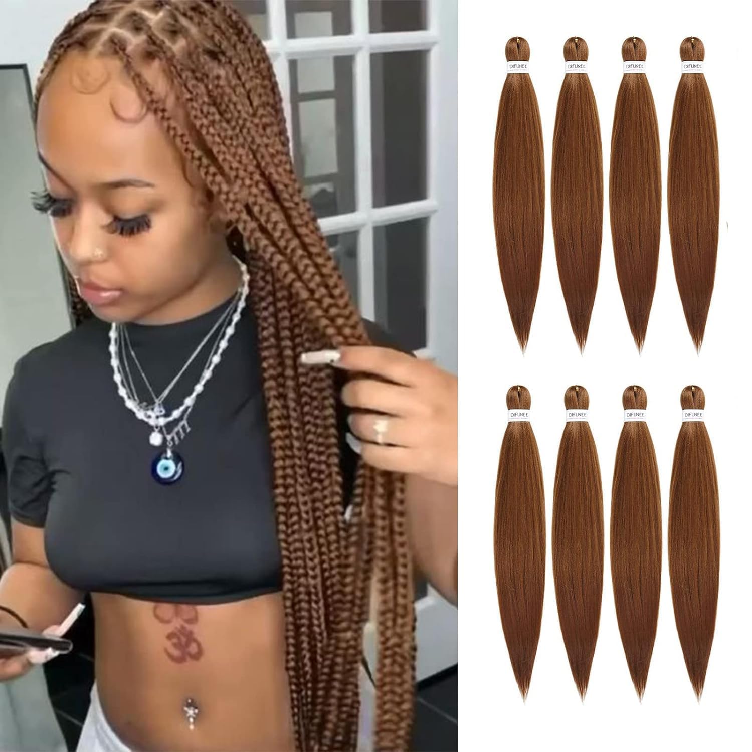 DIFUNEE Pre-stretched Braiding Hair - 22 Inch 8 Packs Brown Long Braiding Hair For Twist or Box Braids, Yaki Texture Hot Water Setting Synthetic