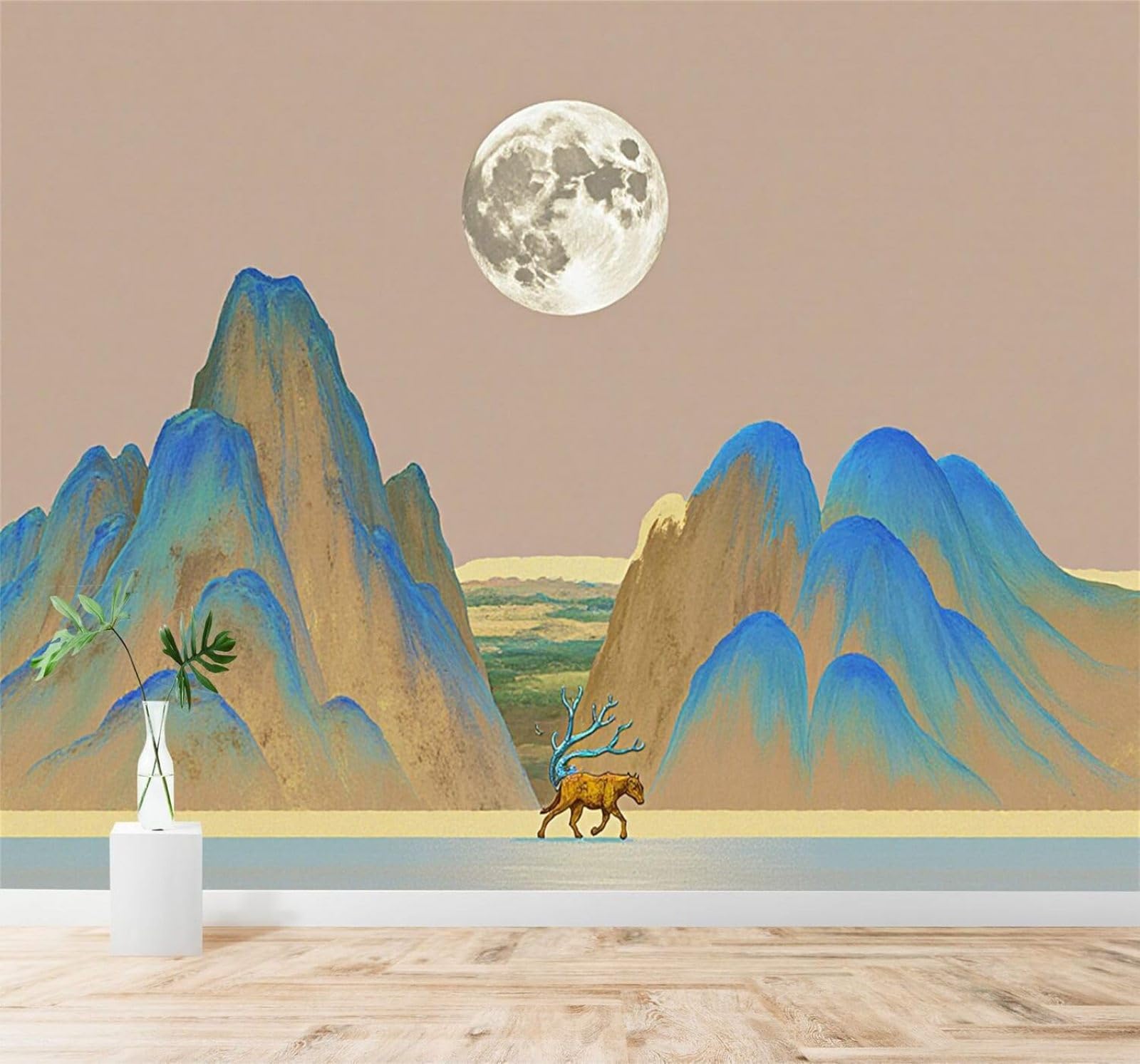 Xlming 350Cm×256Cm(B×H) Minimalist Full Moon Blue Mountains Walking Deer Serene Lake 3D Wallpaper Silky Texture Home Study Office Grey Dining Room Sofa Bedroom Living Room Tv Backdrop-350Cm×256Cm