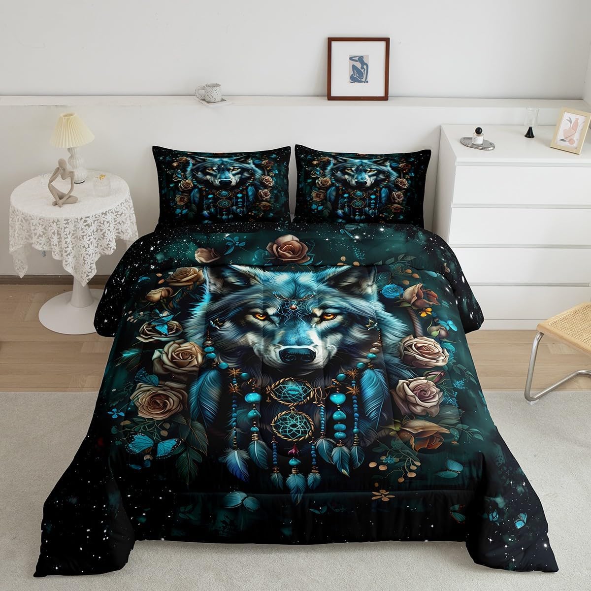 Feelyou Wolf Comforter Set for Kids Boys Wolves Howling Comforter Twin Size Dreamcatcher Bedding Set Room Decor Boho Dream Catcher Decor Duvet Set, Teal with 1 Pillow Case