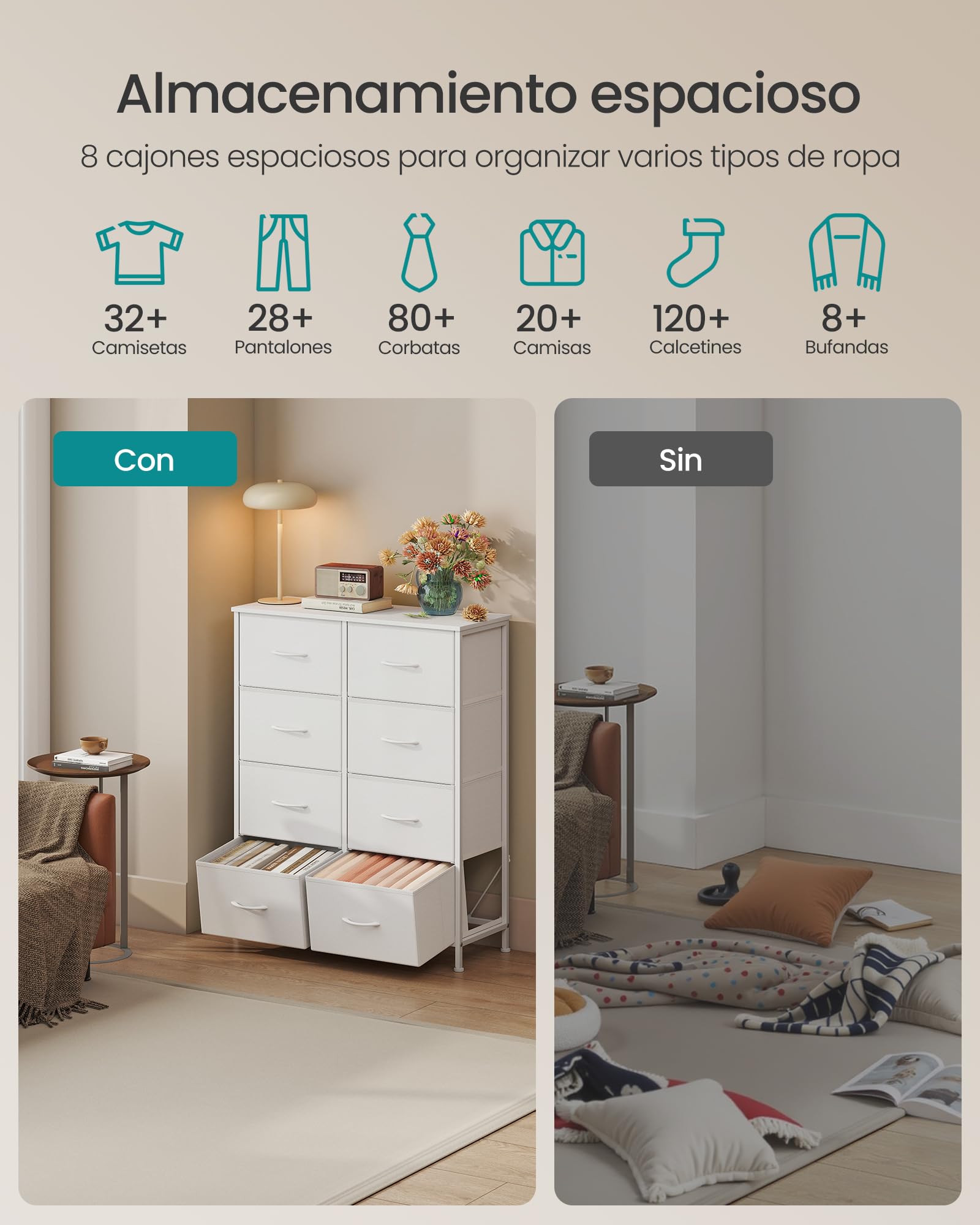 SONGMICS BELLAH Colección - Cómoda, 8 Cajones de Tela, Acero, MDF, Tela no Tejida, para Dormitorio, Armario, Pasillo, Salón, Blanco Nube y Blanco Nieve LGS124WH01