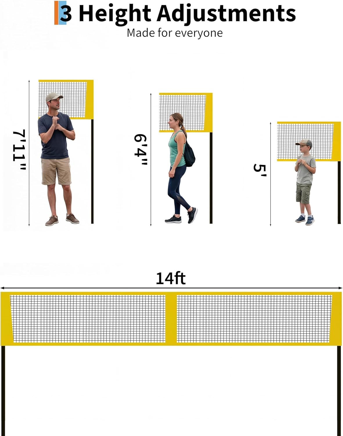 Outdoor Volleyball Net Set，14FT Portable 4 Way Adjustable Height Four Square Game with PE Net & Iron Frame, Includes Ball, Pump, Hammer, Carry Bag, Ideal for Backyard & Beach Family Playt