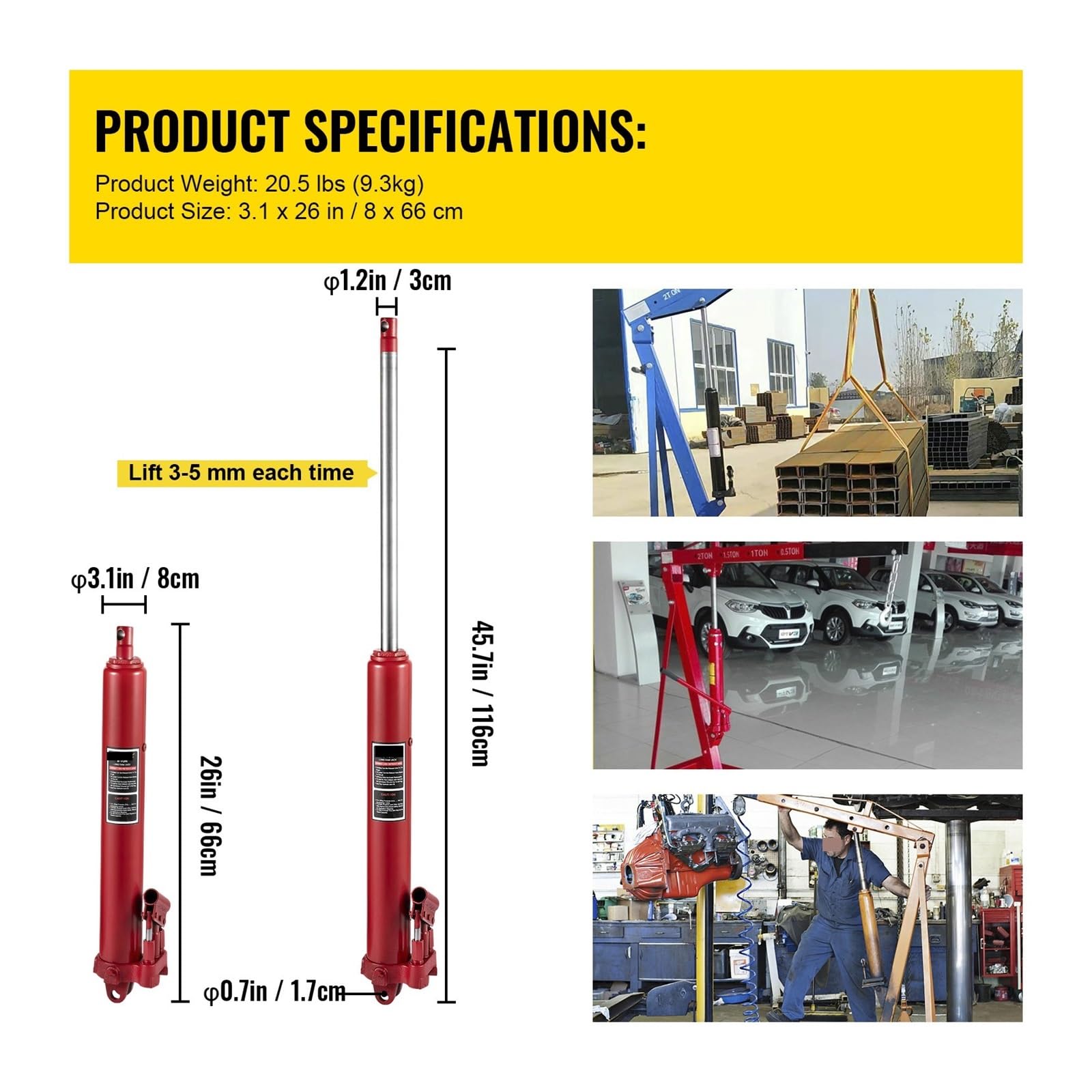 CKKNILV Hydraulic Floor Jack Hydraulic Long Jack 3 Tons/4 Tons Capacity with Single Piston Pump and Clevis Base Manual Cherry Picker W/Handle Home Inspection Jack