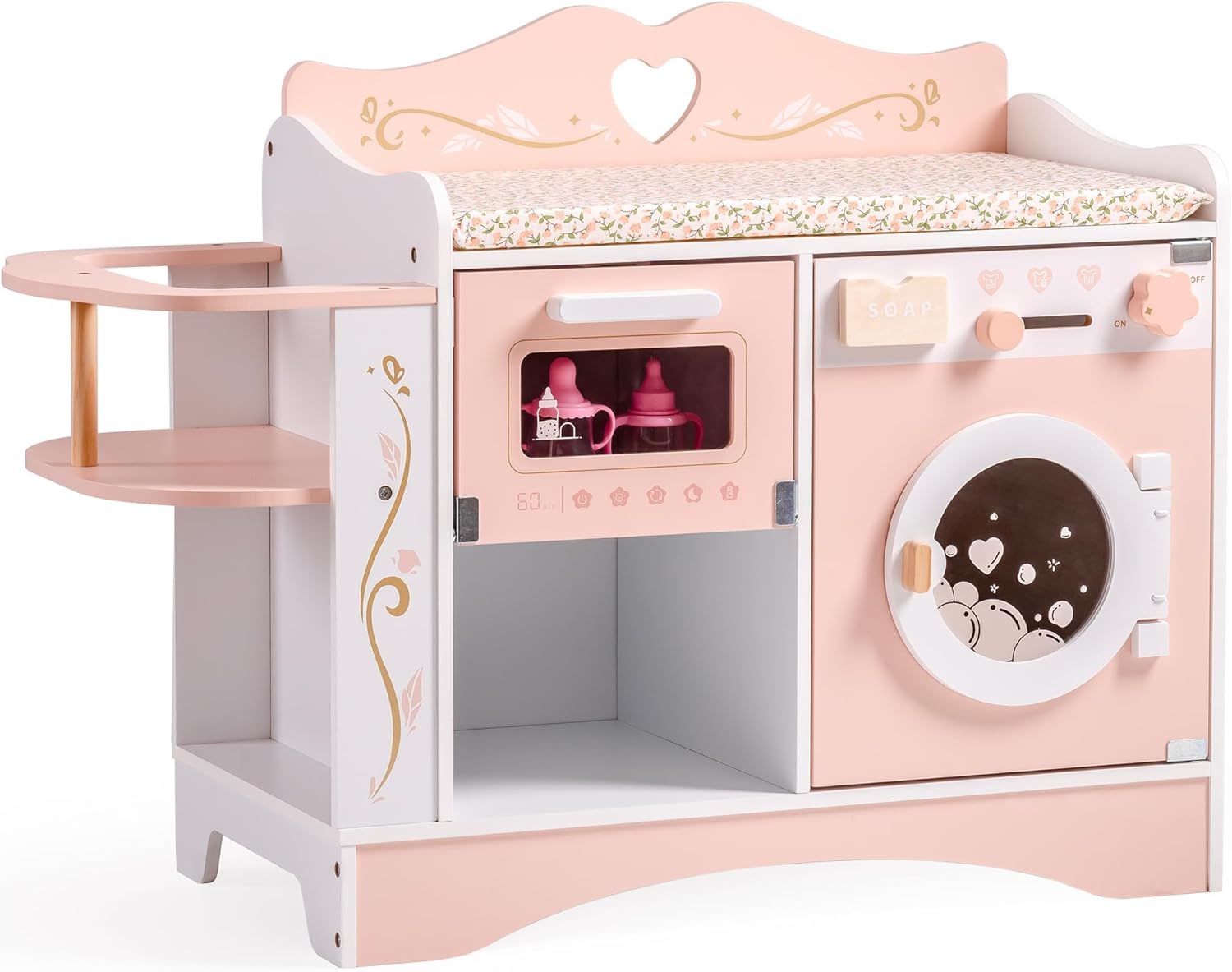 ROBOTIME Wooden 6-in-1 Baby Doll Changing Table with Baby Doll Crib, Washing Machine, Bottle Sterilizer, Storage Area, and Doll Seat, Ideal Role-Playing Toy for Kids 3+, Fits Dolls Up to 20 in, Pink