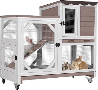 Aivituvin Hasenstall, Kaninchenstall für drinnen und draußen, auf Rädern, 2-stöckig, Holz, Meerschweinchenkäfige mit 2 tieferen herausziehbaren Tabletts (Braun-L)