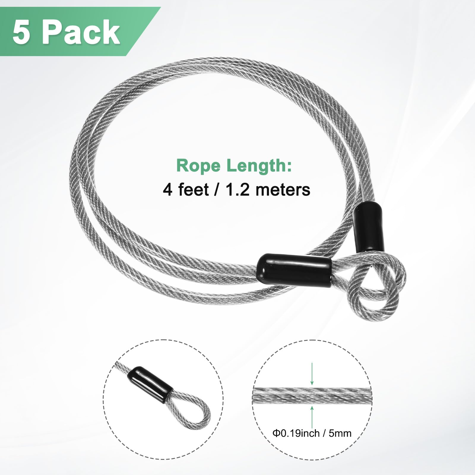 M METERXITY Confezione da 5 lucchetti di sicurezza da 1,2 m, 5 mm, in acciaio inox rivestito in PVC, con doppio anello, per viaggio/cancello/bici, cavo in acciaio intrecciato resistente al taglio
