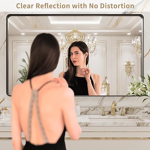 Miniatura 2 de LOAAO - Espejo de tocador para baño con marco de metal negro mate de 50 x 30 pulgadas para pared, rectangular, grande, redondeado, anticorrosión, de