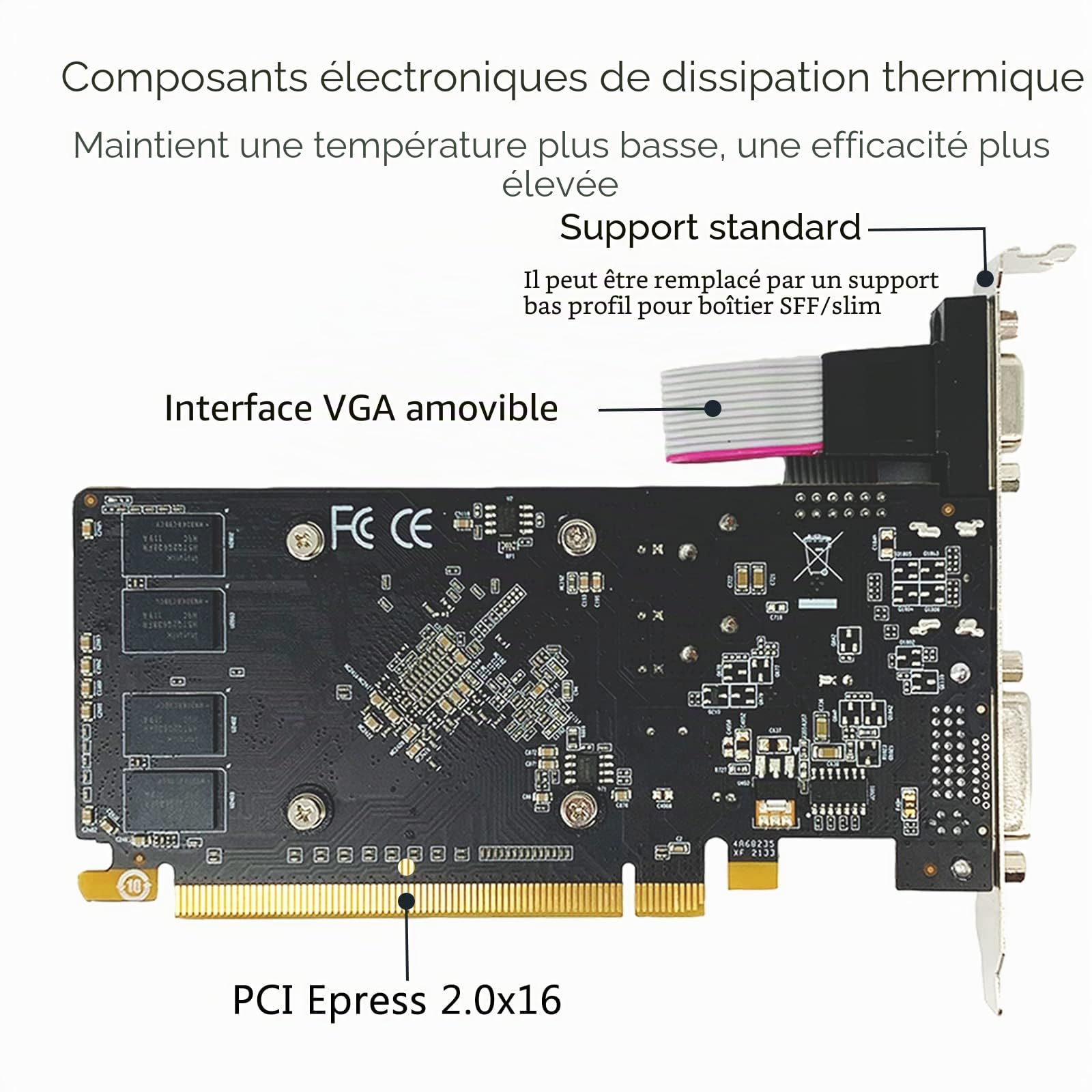 QTHREE Radeon Carte Graphique HD 5450, 2 Go, GDDR3, 64 Bits, DVI/HDMI/VGA, Profil Bas, PCI Express x16 2.0, Carte vidéo de Bureau pour PC, GPU d'ordinateur, DirectX 11