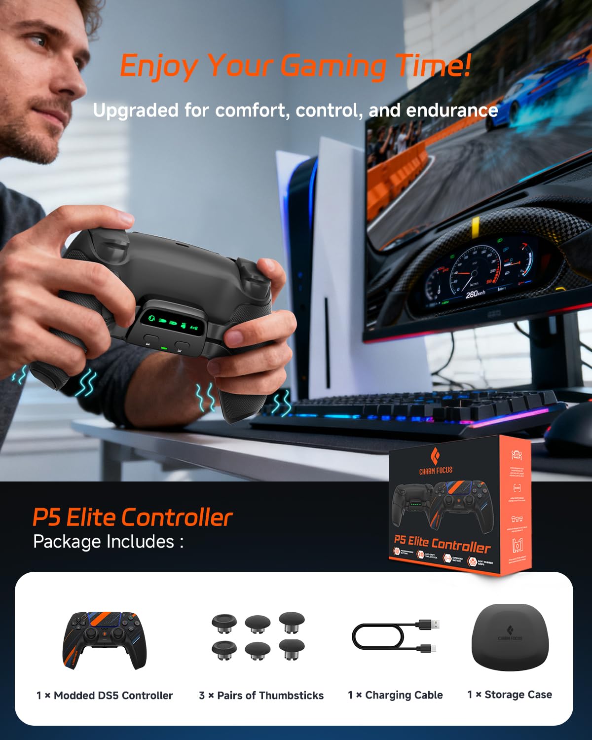 CHARM FOCUS Modified PS5 Controller with 4 Remappable Back Paddles, TMR Magnetic Anti-Drift Joysticks, 2100mAh Battery for 11H Wireless Play, Ergonomic Soft Rubber Grips for PS5 & PC Gaming, Black