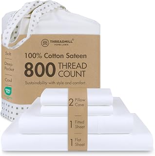 Threadmill 800 Thread Count King 100% Cotton Sateen Sheets - Luxury Hotel White 4-Pc Set, 16" Deep Pocket, Softer Than Egyptian Cotton