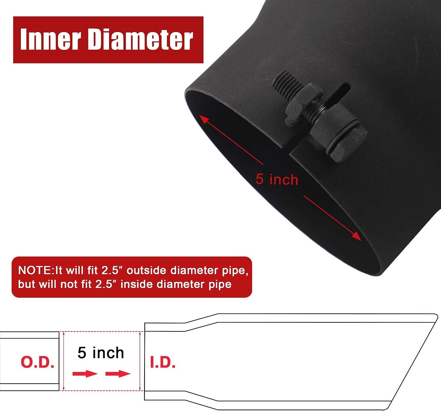 Richeer 5 Inch Inlet Black Exhaust Tip, Universal 5" Inside Diameter Diesel Exhaust Tailpipe Tip, 5 x 6 x 15 Clamp Bolt On Design with Ball End L Wrench