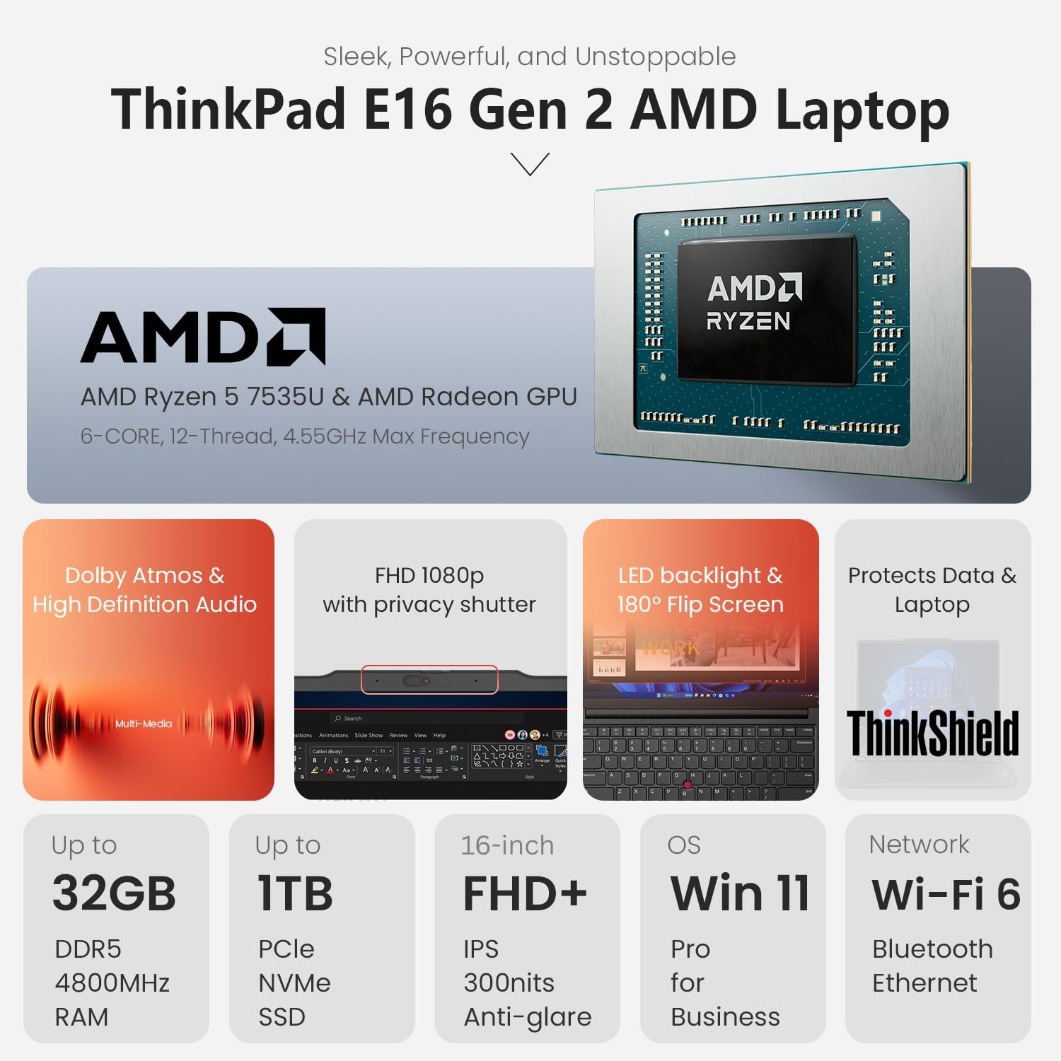 Lenovo ThinkPad E14 Gen 6 Business Laptop, 14" FHD+ Display, AMD Ryzen 5 7535U, 32GB DDR5 RAM, 1TB SSD, Fingerprint, Backlit, Wi-Fi 6, Windows 11 Pro, Bundle with Targus USB-C 100W Docking Station