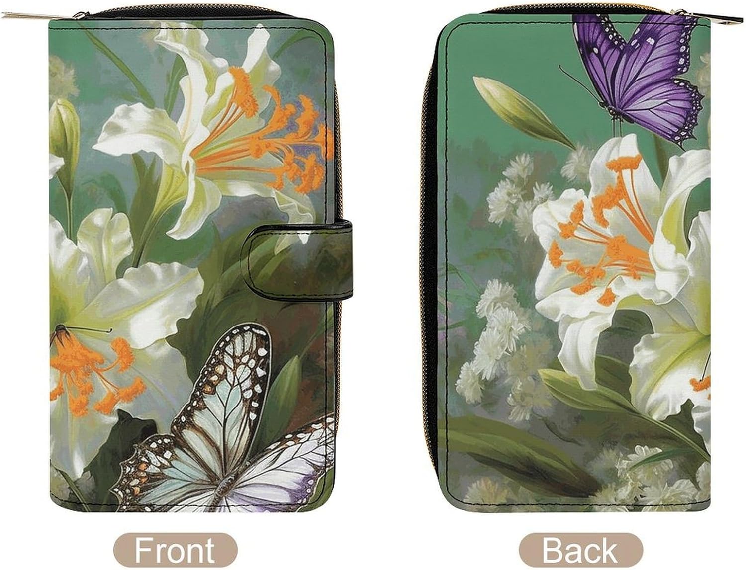 Wristlet Wallets for Women, Lilies And Butterfly Printed Ladies PU Vegan Leather Clutch Wallet Zip Around Phone Purse Card Holder Organizer,Work & Daily Use