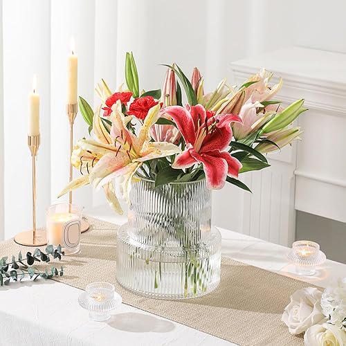 Miniatura 35 de Jarrón redondo de cristal, floreros para ramo, jarrones de vidrio acanalado para flores, pequeño jarrón transparente para sala de estar, oficina,