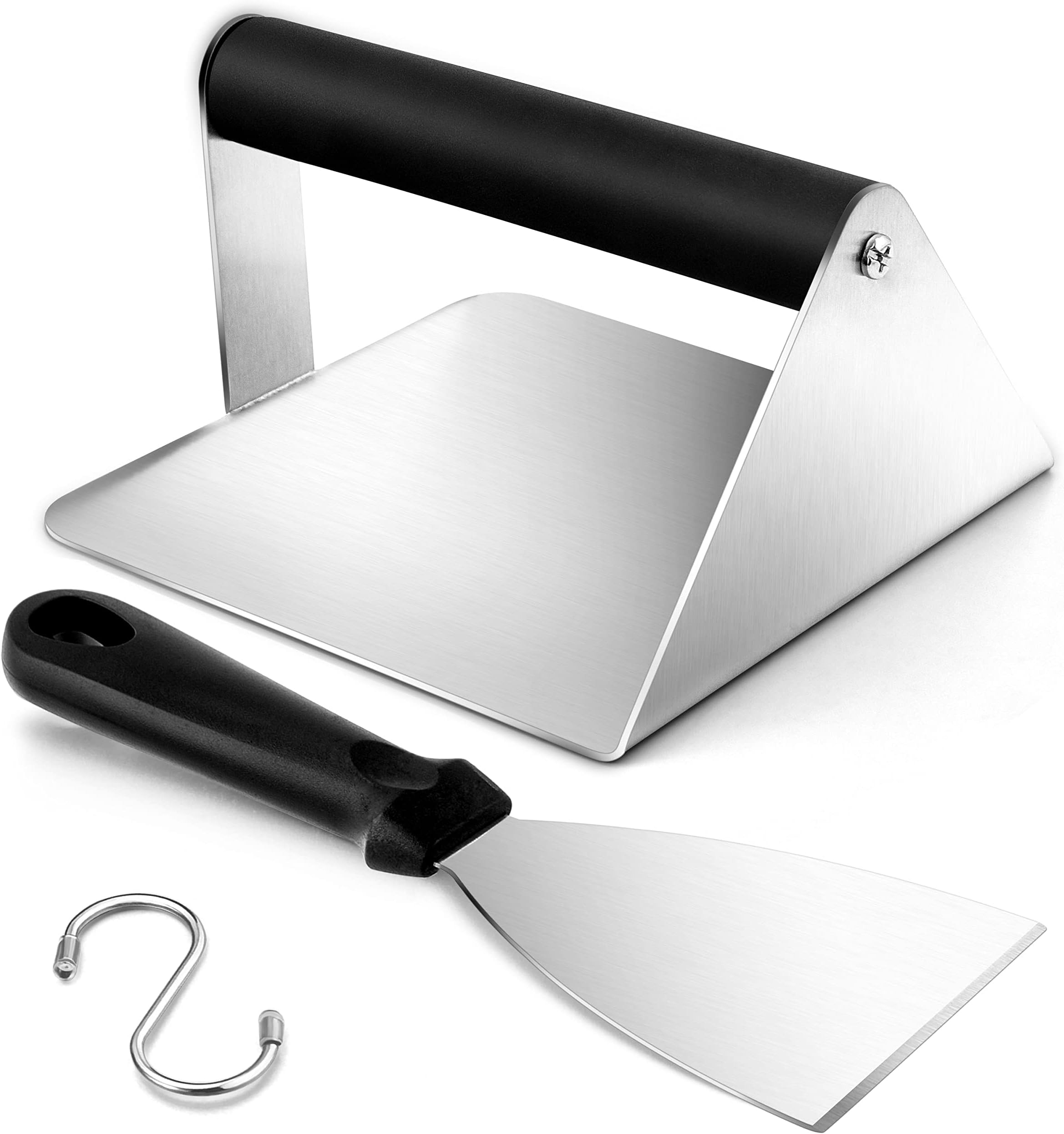 Leonyo Slant Edge Grill Scraper & Smash Burger Press, 2 Pcs Griddle Scraper Tool Stainless Steel 5.5" Square Bacon Press, Metal Scraper for Griddle Cast Iron Flat Top Teppanyaki BBQ Grilling