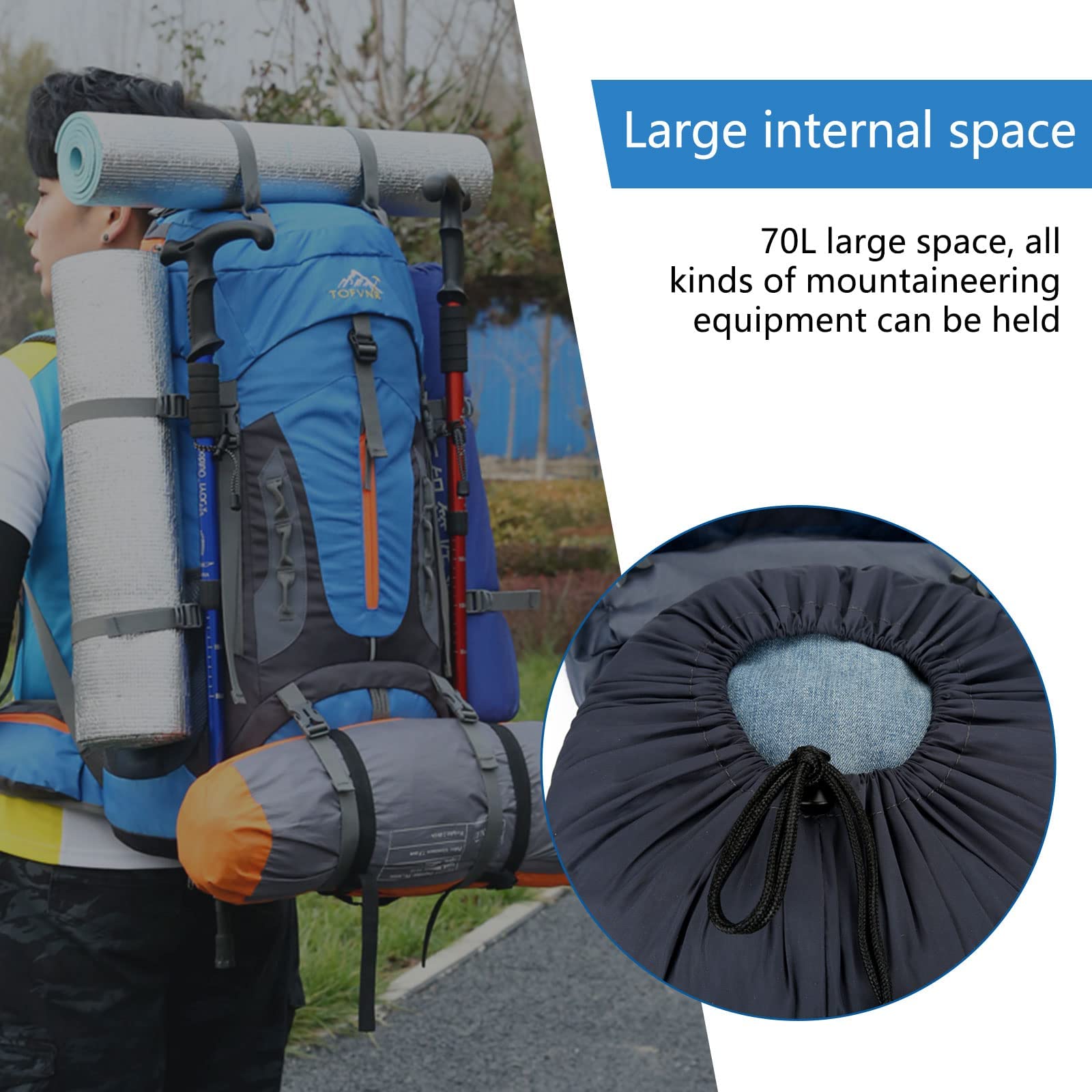 Zaino da campeggio da 70 l, zaino da trekking leggero in nylon leggero, per uomo e donna, grande capacità, per sport, alpinismo, arrampicata, viaggi, impermeabile