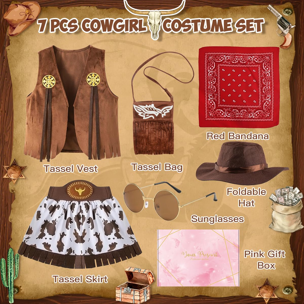 Cowgirl Costume Bambina, Western Vestito Cowgirl Bambina con Gilet, Cappello, Bandana Rossa, Costume da Cowgirl per Halloween Carnevale Cosplay Festa