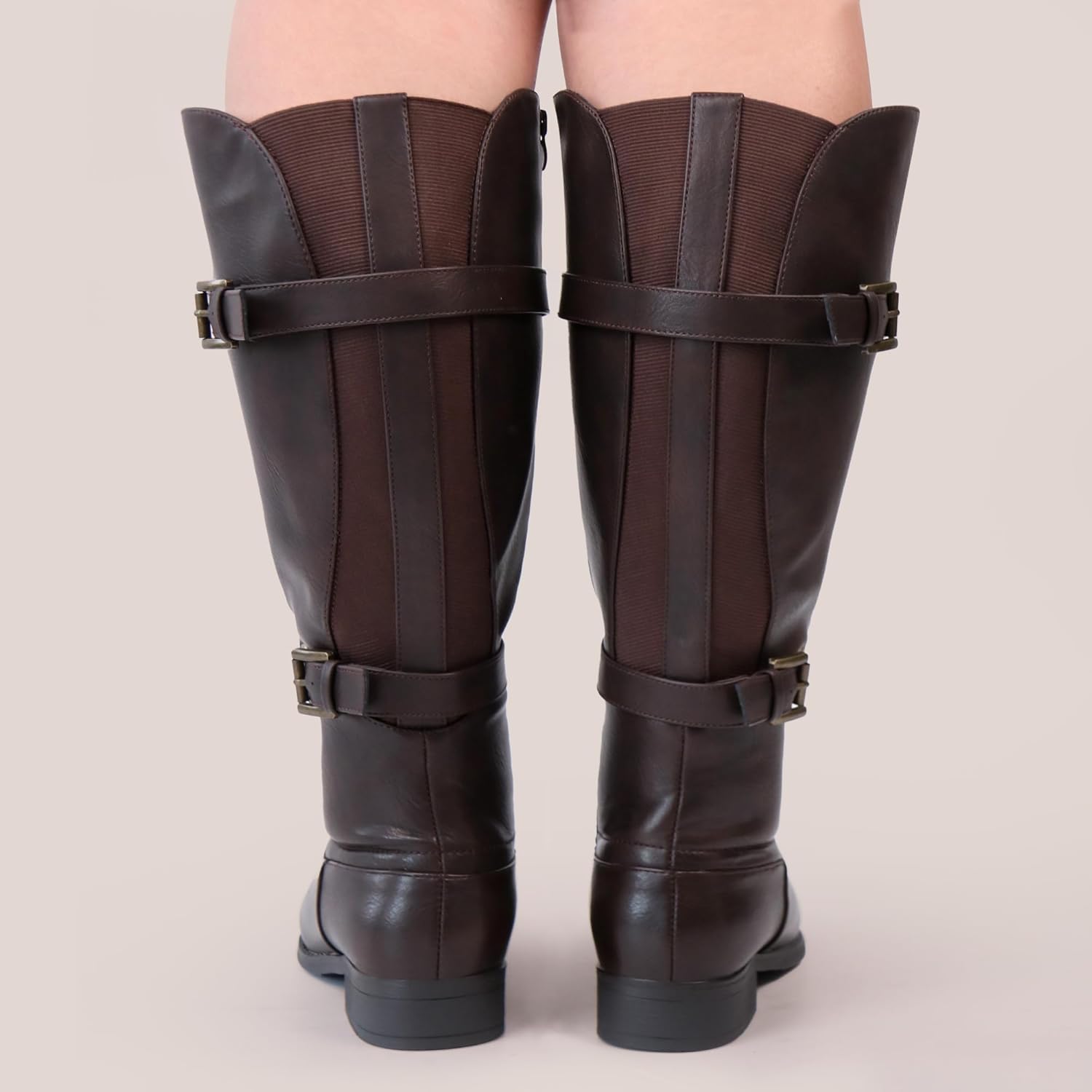 Women's Classic Extra Wide Calf Flat Heel Double Buckle Back Stretch Knee High Boots - Image 6