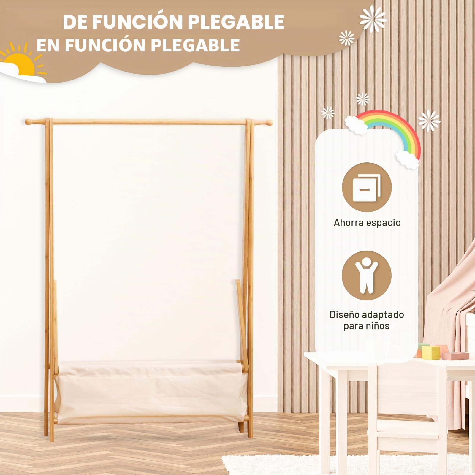 Yorbay Perchero para Ropa de Niños con Caja de Almacenaje, Perchero para Vestir, Perchero para Ropa de Niños con Varillas para Colgar, Pequeño y Plegable, Bambú