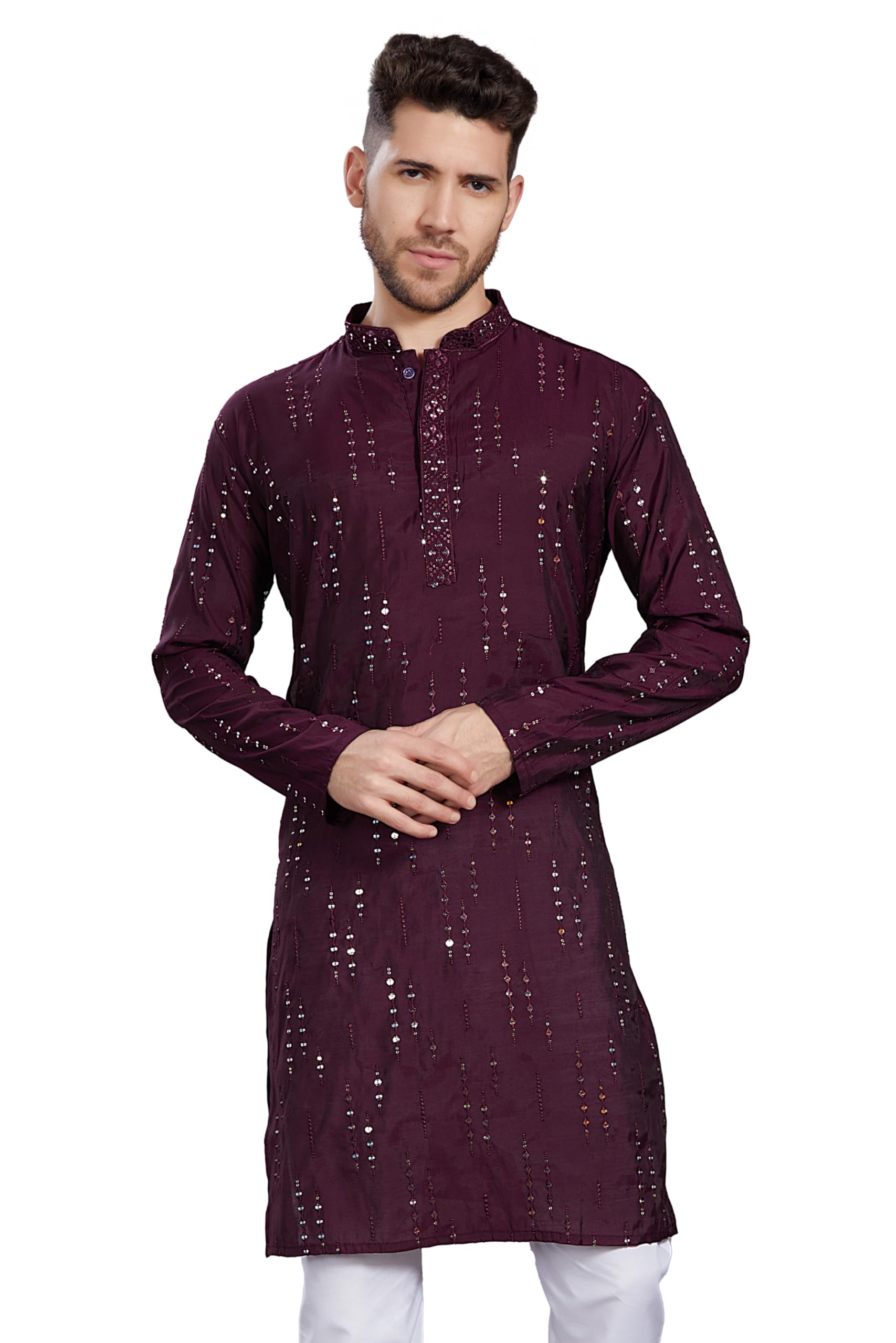Divisive Men's Mirror Embroidered Silk Blend Only Slim Fit Kurta (Dkrt814_Xxl_Wine)
