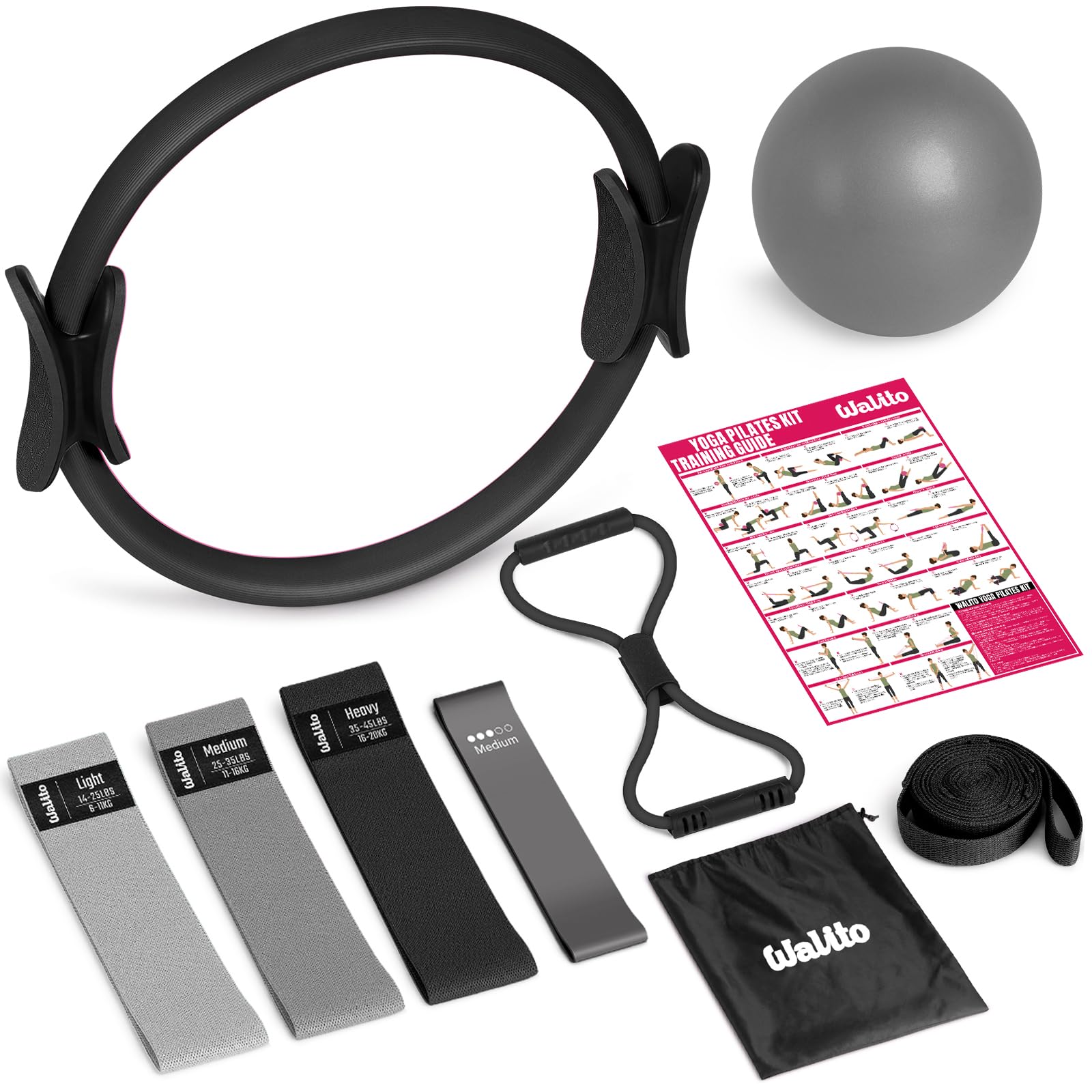 WALITO Home Pilates Kit for Women,Pilates Ring Set with Magic Circle,Resistance Bands,Figure 8 Workout Bands,Mini Ball, Compact Toning Fitness Essentials Starter Set Accessories Gift
