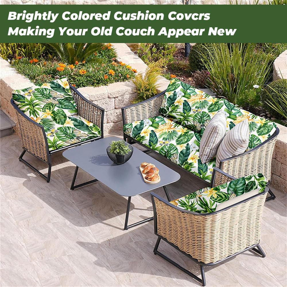Hiseng Housses de Coussin d'extérieur Remplacement Imprimé Fleurs Feuilles Tropicales Extensible Housses de Coussin de Siège Canapé pour Salon de Jardin, Meubles de Terrasse (Style 5,8 pièces)