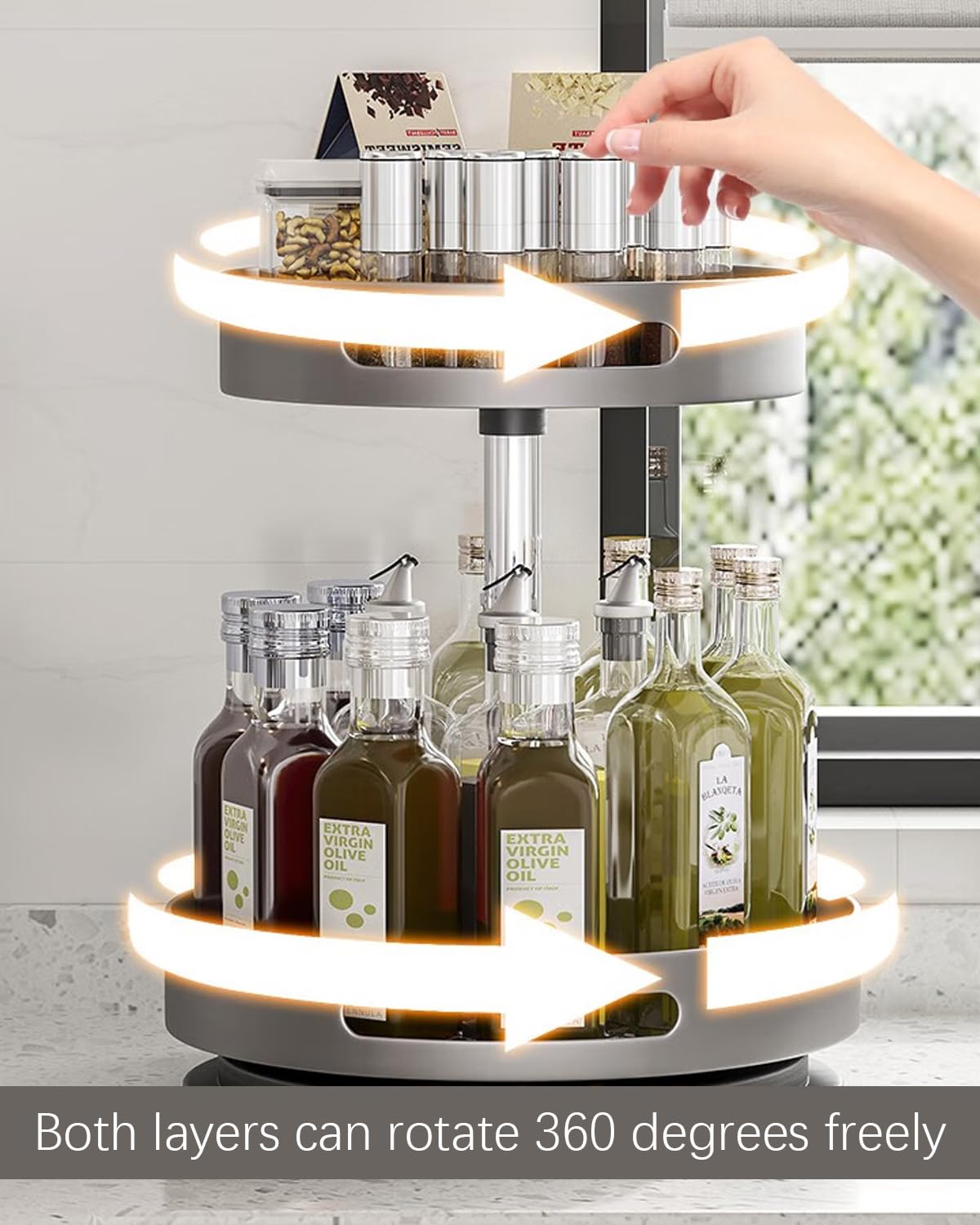 Lazy Susan Organizer a 2 ripiani per cucina, giradischi per armadietto, organizer per tavolo da dispensa