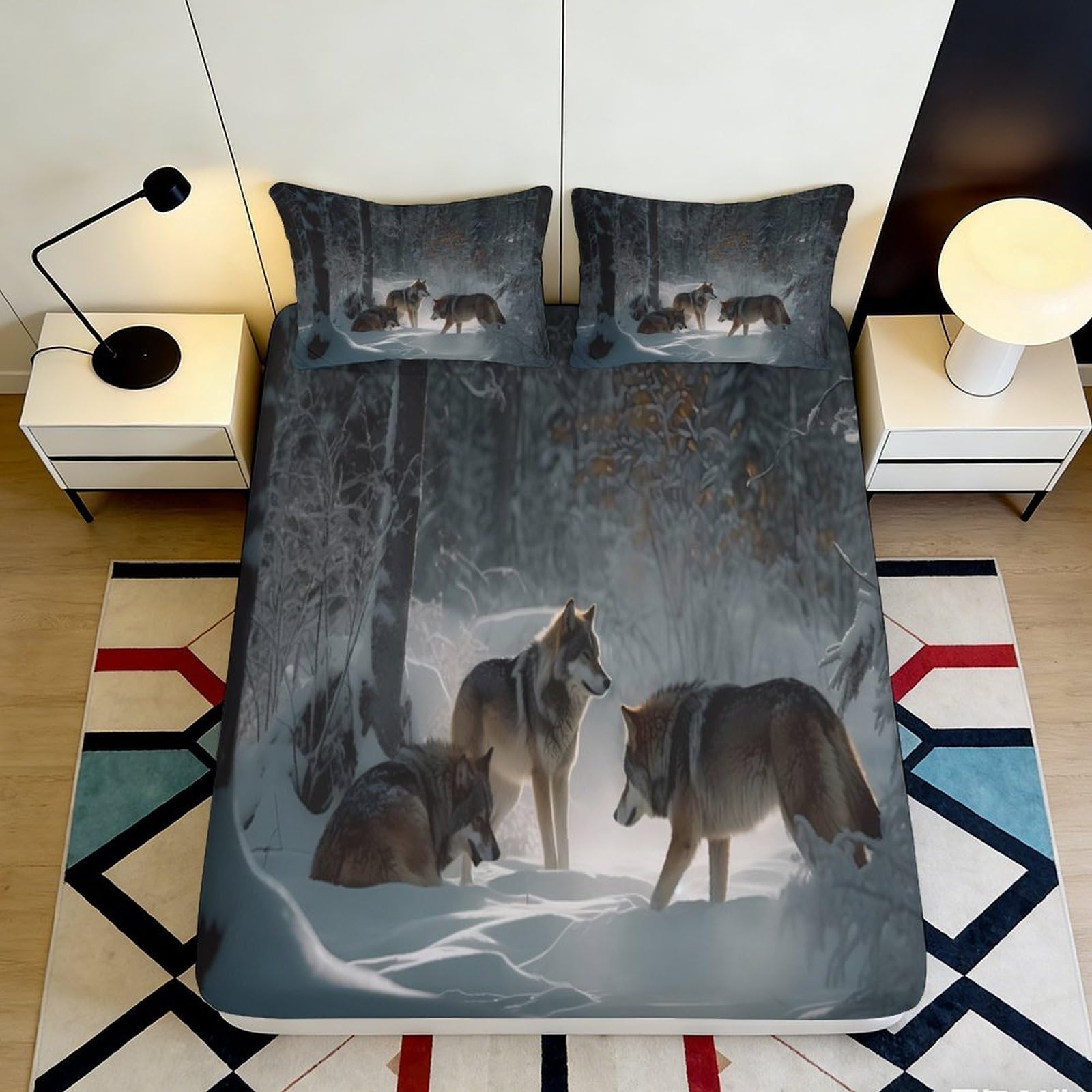 3D Printed Wolf Forest Fitted Sheet Microfiber Soft Anti-Slip Mattress Cover Snow Animal Bedroom Decor 120x200cm 90x200x25cm