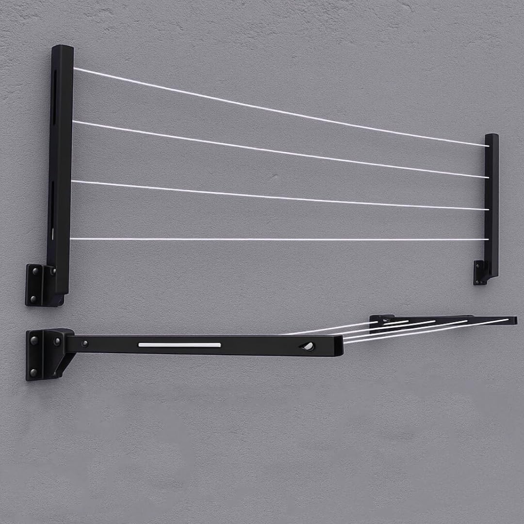 Metal Foldable Wall Mount Cloth Drying Stand with 30 Feet Rope/Wall Hanging Clothes Dryer Rack for Balcony & Indoor Use/Space Saving Wall Mounted Laundry Hanger(Black)-image-35