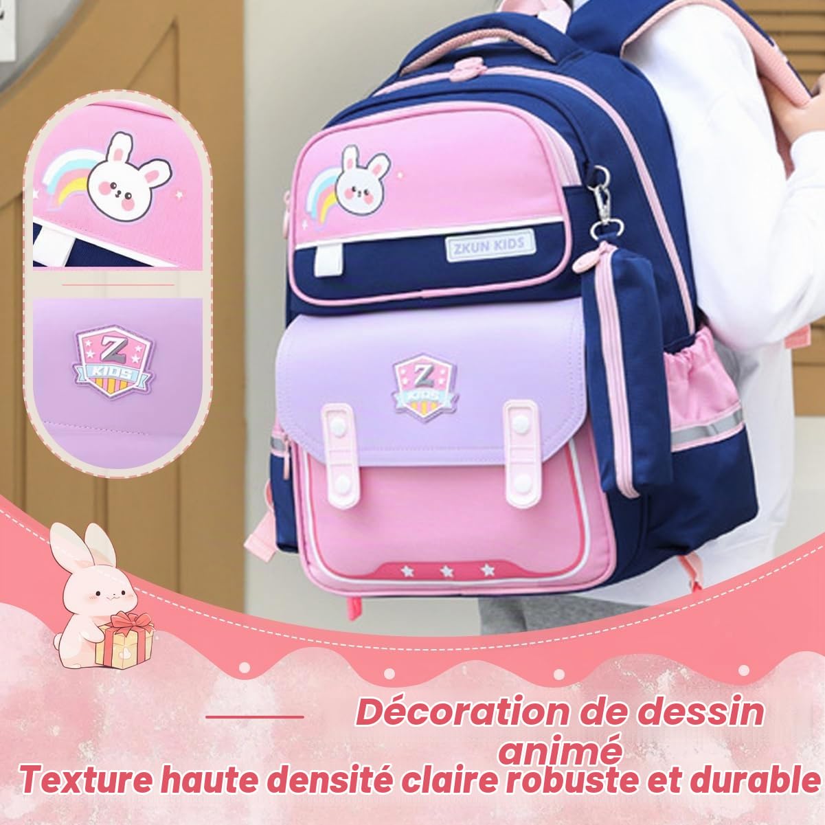 Cartable Roulettes Fille Primaire Sac Roulettes Fille Lapin Trolley Sac a Dos Filles CP CE Sac Cabine Voyage Enfant ac Trousse 31x18x43cm