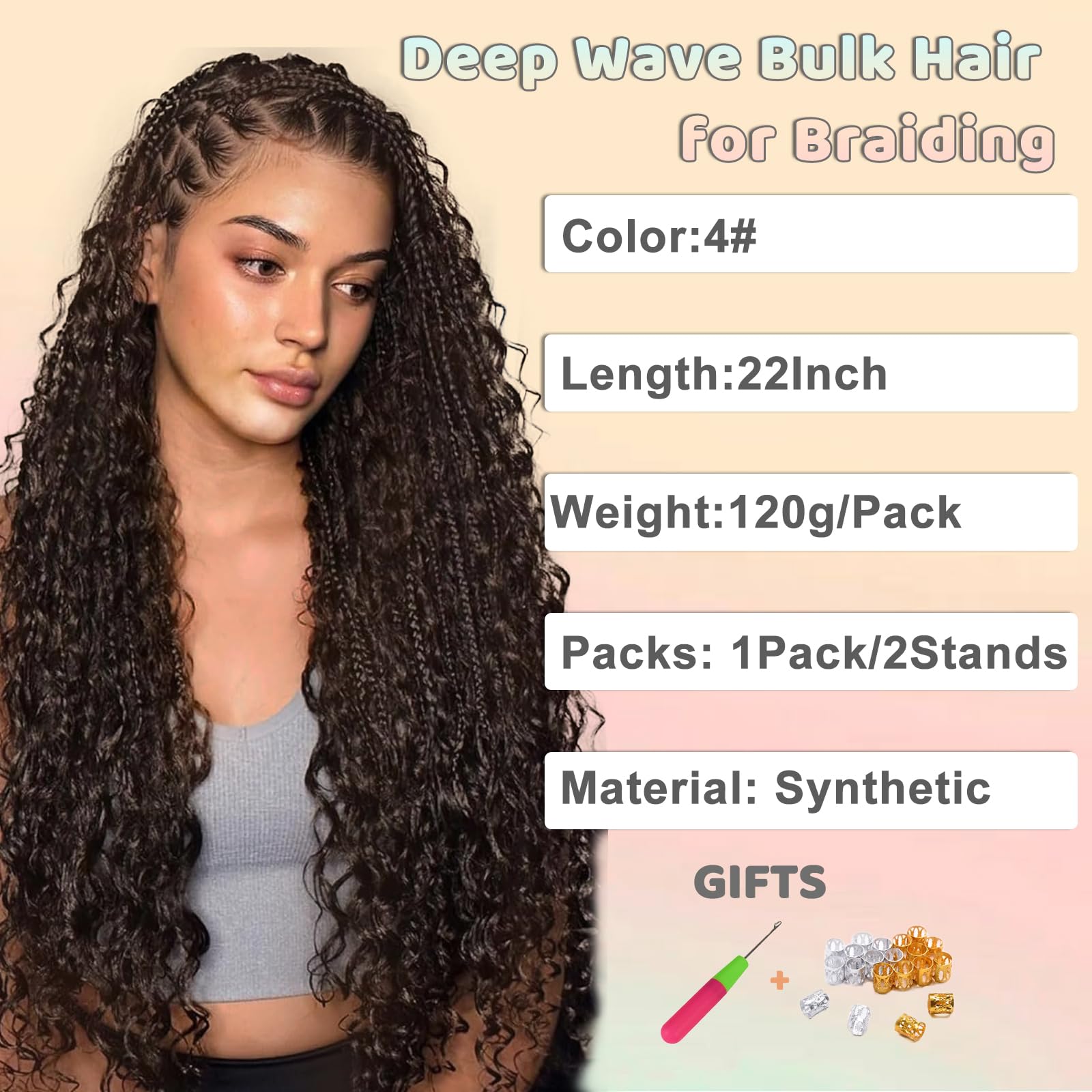 Deep Wave Bulk Hair for Braiding 18 Inch No Weft Deep Wave Bundles Curly Braiding Hair Extensions for Boho Braids and Wavy Braiding Hair 2 Braids per Pack (4# - Image 2