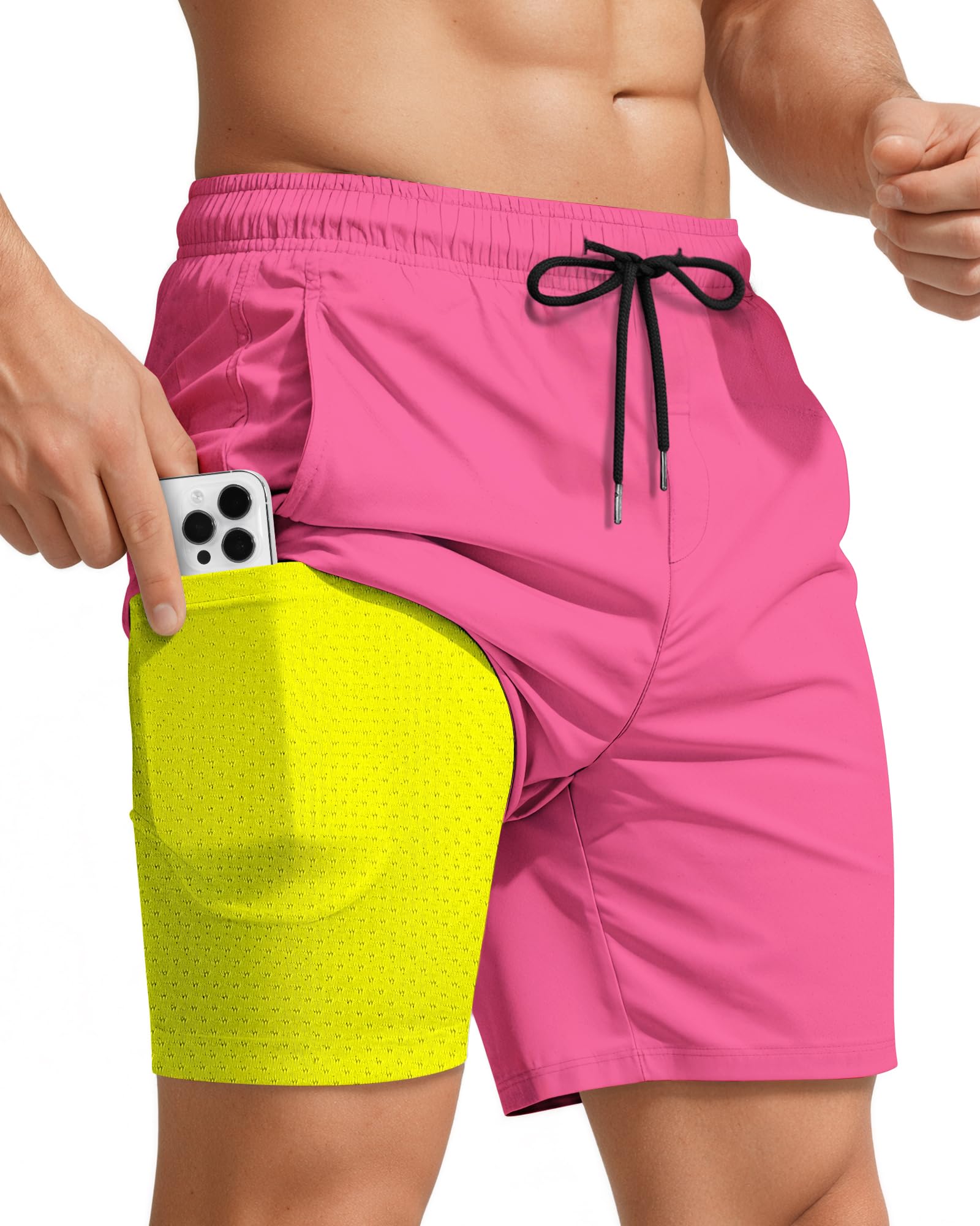 7 Inch 7in Men Swim Trunk mid-thigh Compression Liner Quick Dry Drawstring Male Swimwear Swimsuit Swimtrunks Boardshorts Bathing Suit Fair Beach Water Shorts Mesh Pocket Lined Inseam Harbor Neon Pink