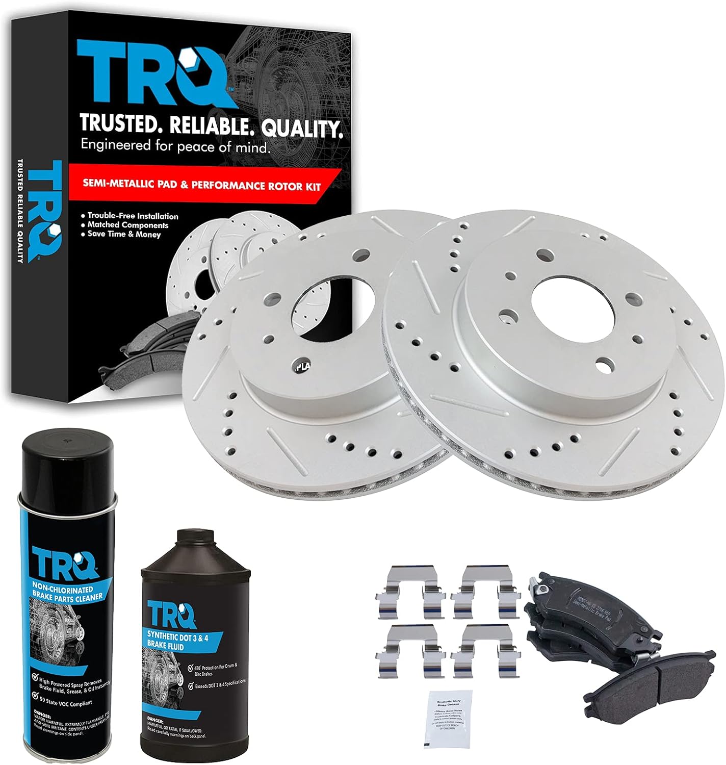 TRQ Front Brake Pad & Rotor Kit Semi-Metallic Performance Slotted X Drilled Compatible with 1991-1992 Saturn SC 1993-2002 SC1 SC2 1991-2002 SL SL1 SL2 1993-1999 SW1 1993-2001 SW2