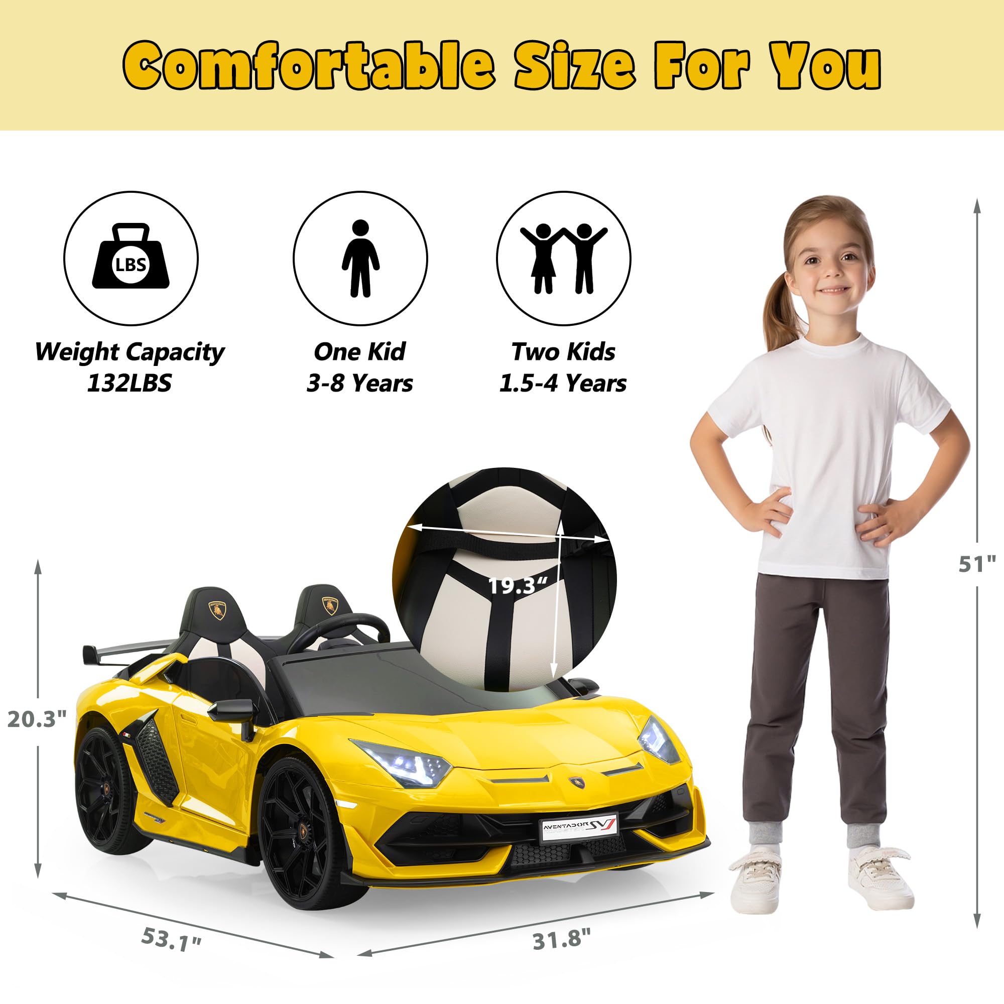 2-Seater Ride on Car 24V Electric Lamborghini for Kids High Speed 13km/h Drift Sports Car with PU Leather Seats w/Adjustable Safety Belt, 2 Speeds Mode, Music, Gifts for Children