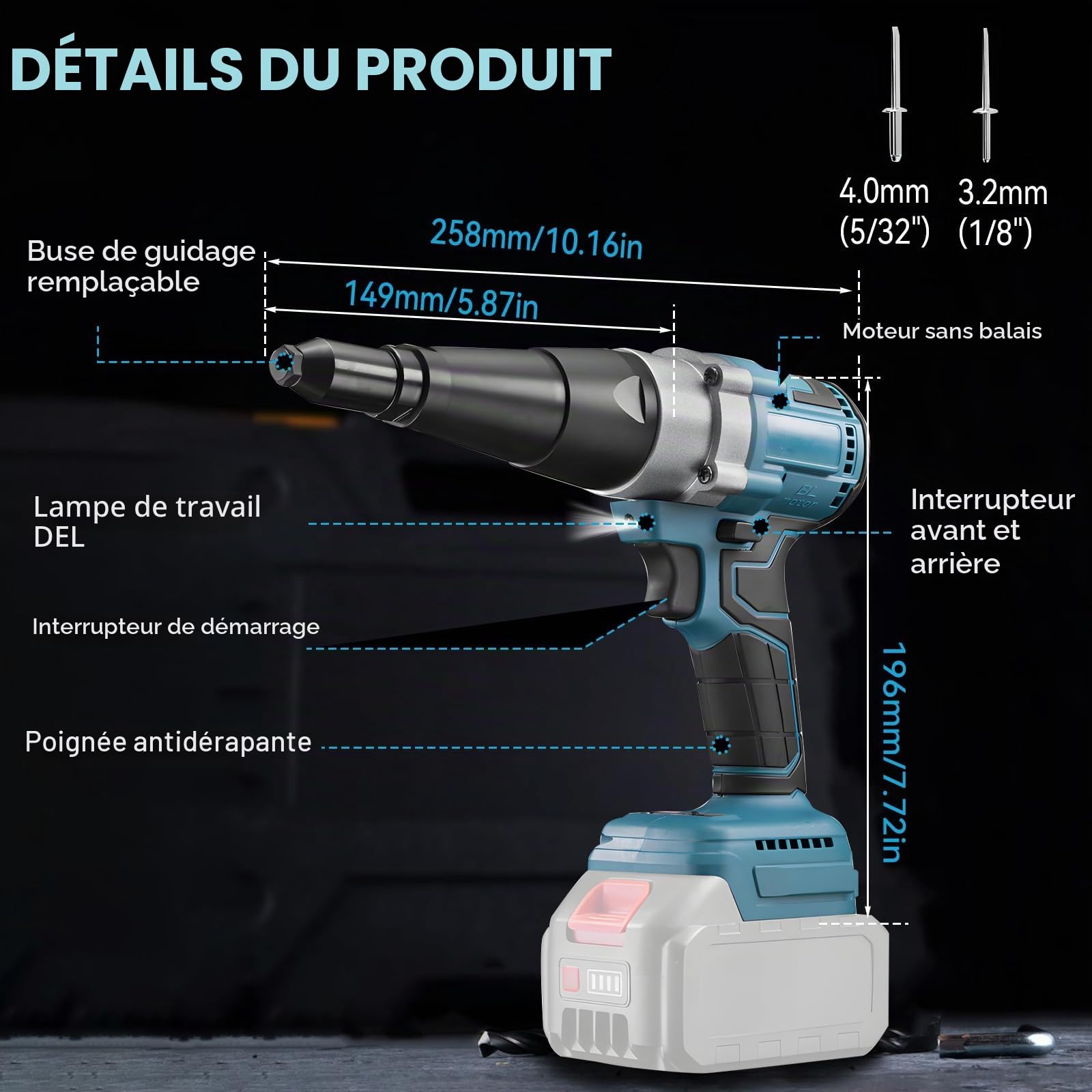 Riveteuse Sans Fil Compatible avec 18V, 20,000N Pince à Rivets Sans Balais avec lumière LED, Pince Automatique à Rivets Électrique pour Rivets de 3,2/4,0/4,8 mm (Sans Batterie)