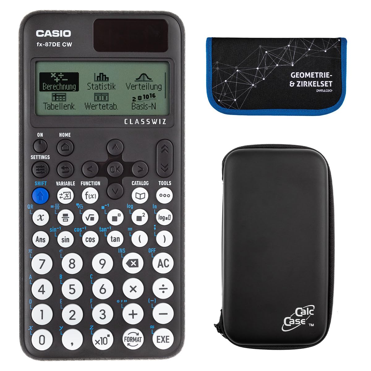 Casio FX-87 DE CW mit CalcCase-Schutztasche und 13 teiliges Zirkel- und Mathematik-Set