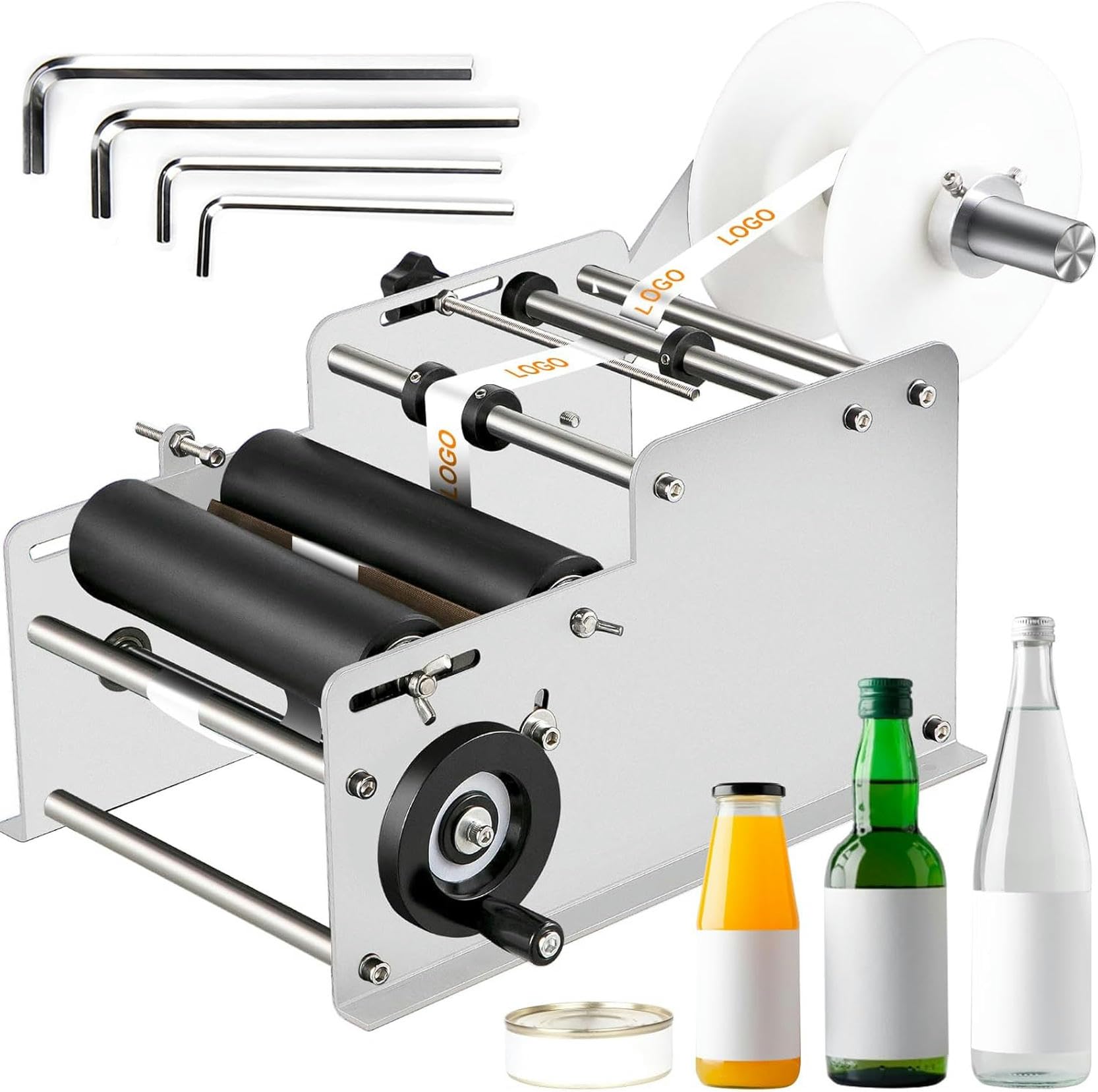 FHRKA Manual Round Bottles Labeling Machine, Adjustable Semi-Automatic Label Applicator For Cans And Bottles, 25 Pieces/min