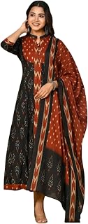 AZHEEZ Women's Cotton 3/4 Sleeves Mandarin Collar Button Down Printed Traditional Anarkali Kurti Pant & Dupatta Set Price In India