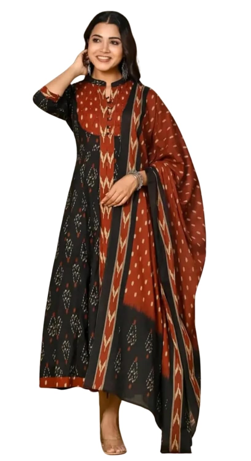 AZHEEZ Women's Cotton 3/4 Sleeves Mandarin Collar Button Down Printed Traditional Anarkali Kurti Pant & Dupatta Set - Review, Price and Buying Guide