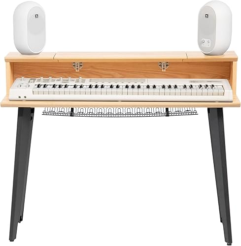 Vista 58 de Gator Frameworks Elite Series - Escritorio con teclado de 61 notas con diseño abatible y paso de cable trasero, acabado gris madera flotante