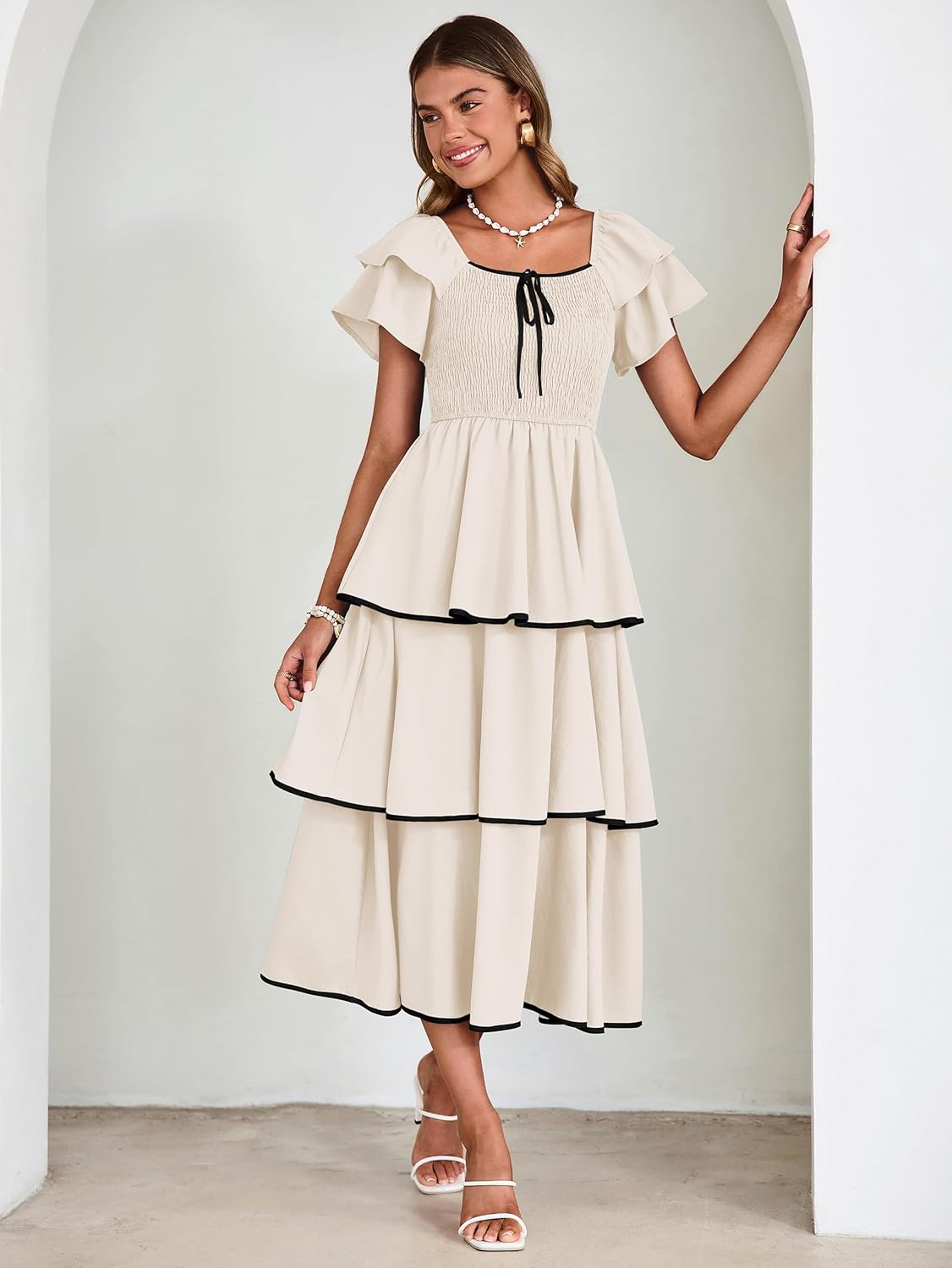 BerryGo Womens Summer Flowy Wedding Guest Maxi Dress Smocked Tiered Boho Casual Short Sleeve Square Neck Ruffle Dresses - Image 5