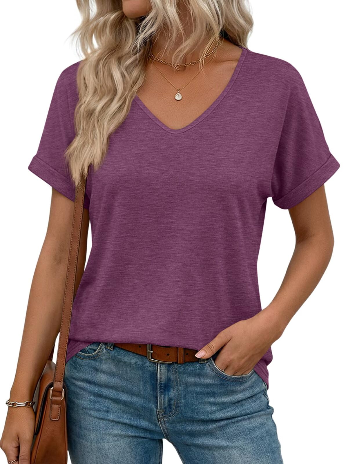 EADINVE Womens V Neck Rolled Sleeve T Shirts Curved Hem Short Sleeve Tops Summer Trendy Tees Loose Fit Tunic Shirts 2026