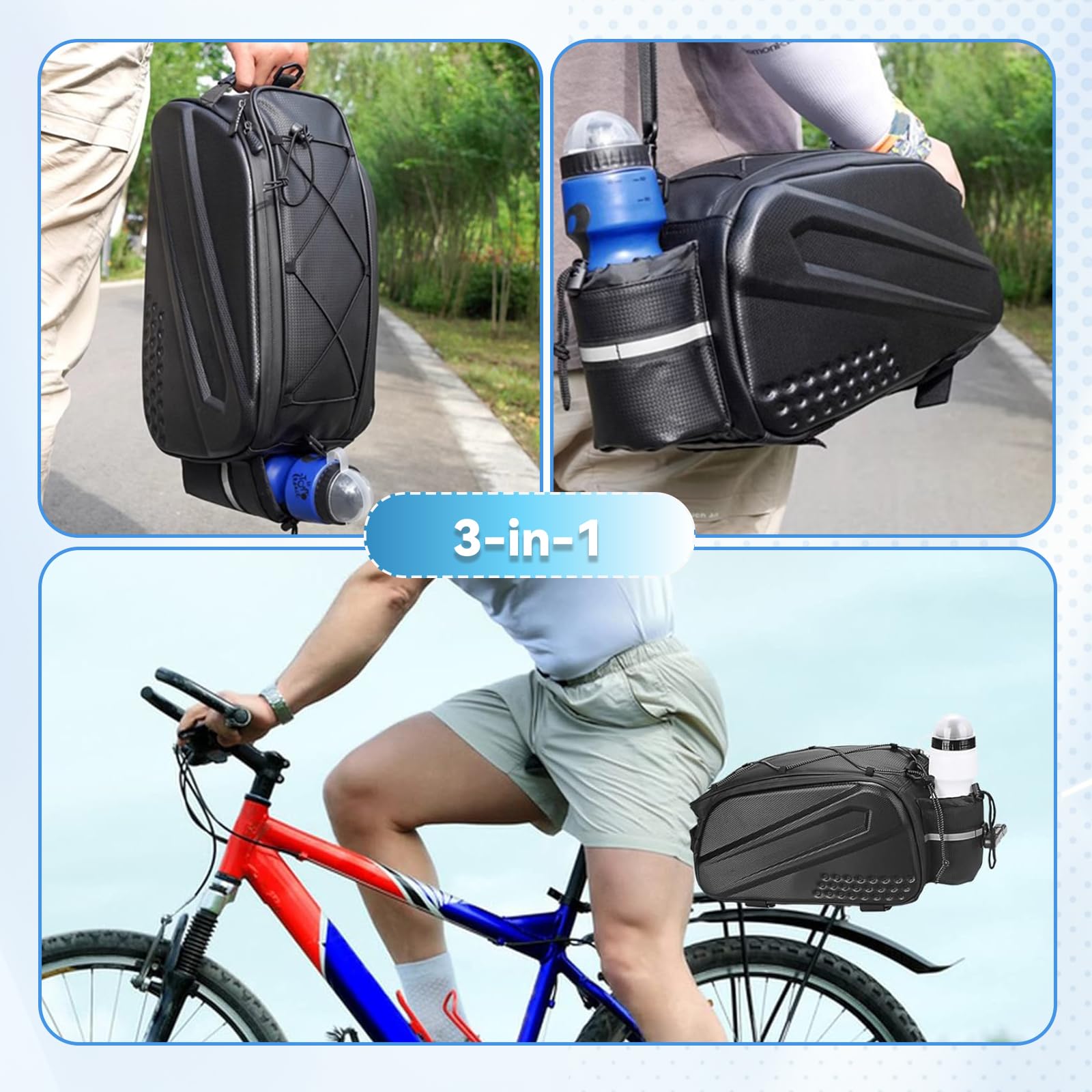 Borsa Bici 3 in 1 Portapacchi 10L, Impermeabile & Riflettente Borsa Posteriore, Borsa da Bici Multifunzionale per Portapacchi (Nero)